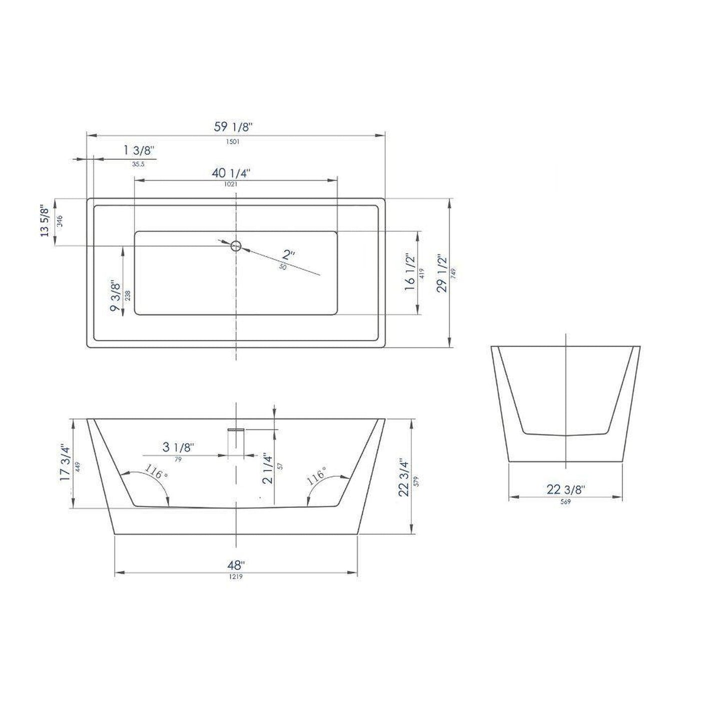 ALFI Brand AB8834 59" One Person Freestanding Black & White Rectangle Acrylic Soaking Bathtub