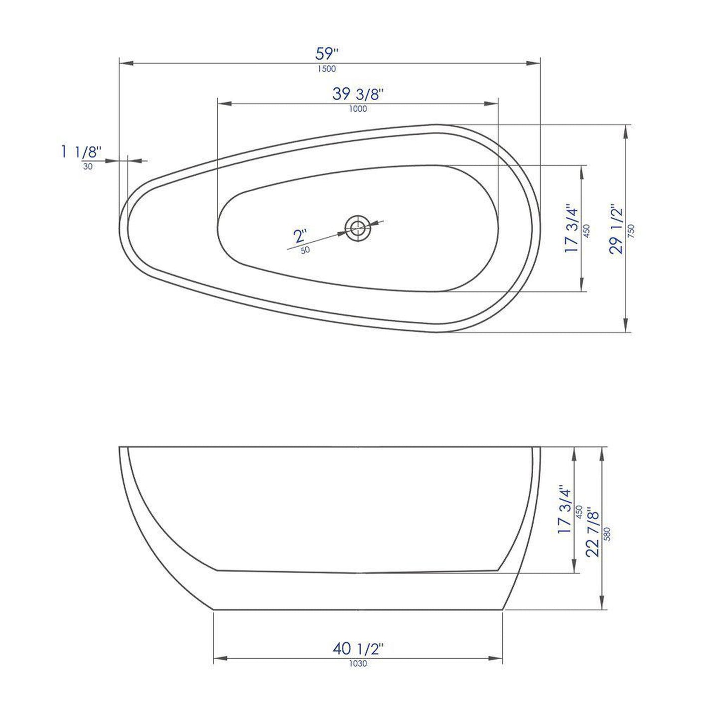 ALFI Brand AB8862 59" One Person Freestanding Black and White Oval Acrylic Soaking Bathtub