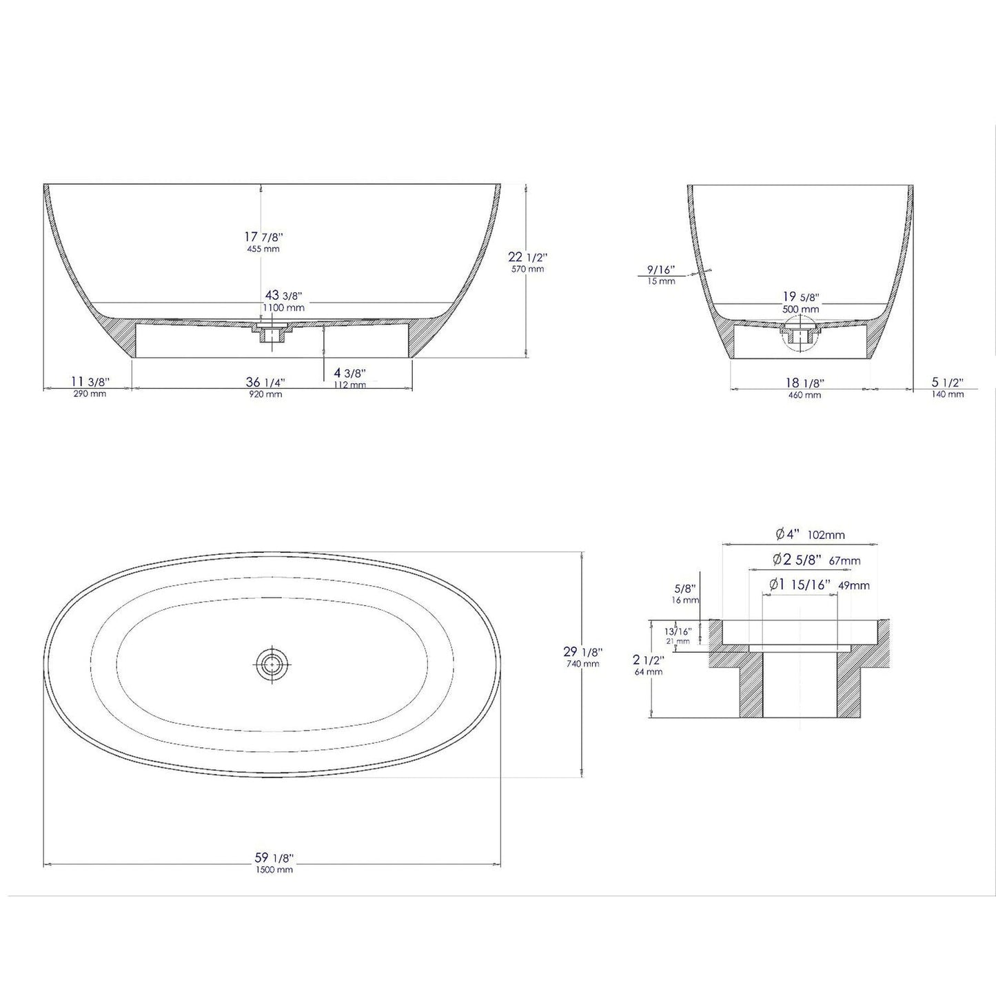 ALFI Brand AB9975BM 59" Black & White Matte Oval Solid Surface Resin Soaking Bathtub