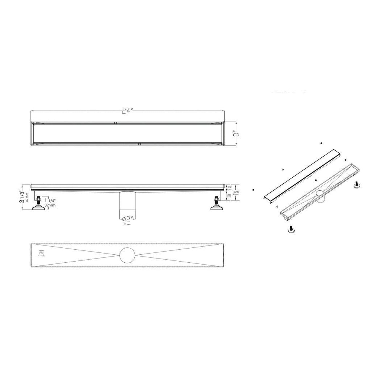 ALFI Brand ABLD24B-PSS 24" Polished Stainless Steel Rectangle Linear Shower Drain With Solid Cover