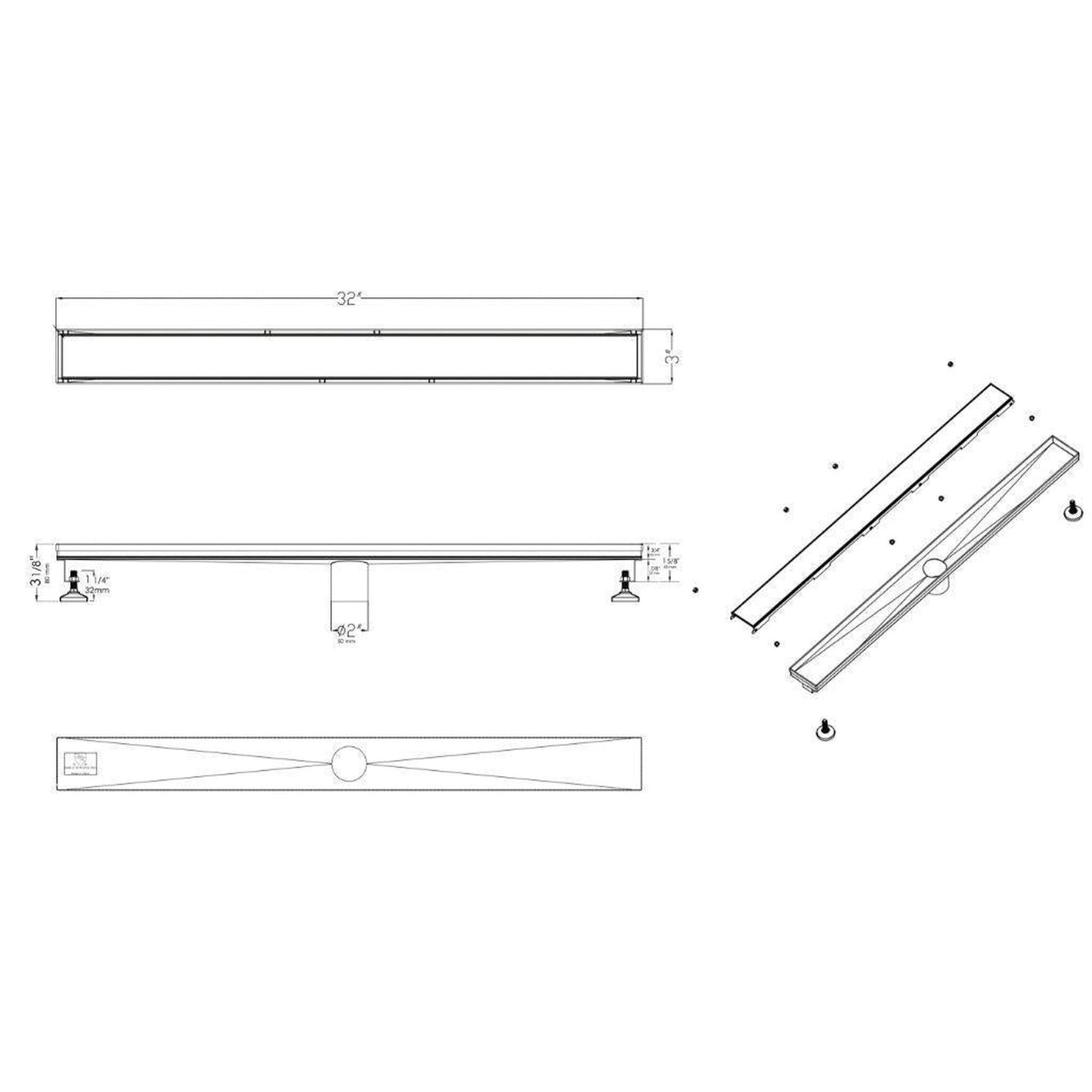 ALFI Brand ABLD32B-BSS 32" Brushed Stainless Steel Rectangle Linear Shower Drain With Solid Cover