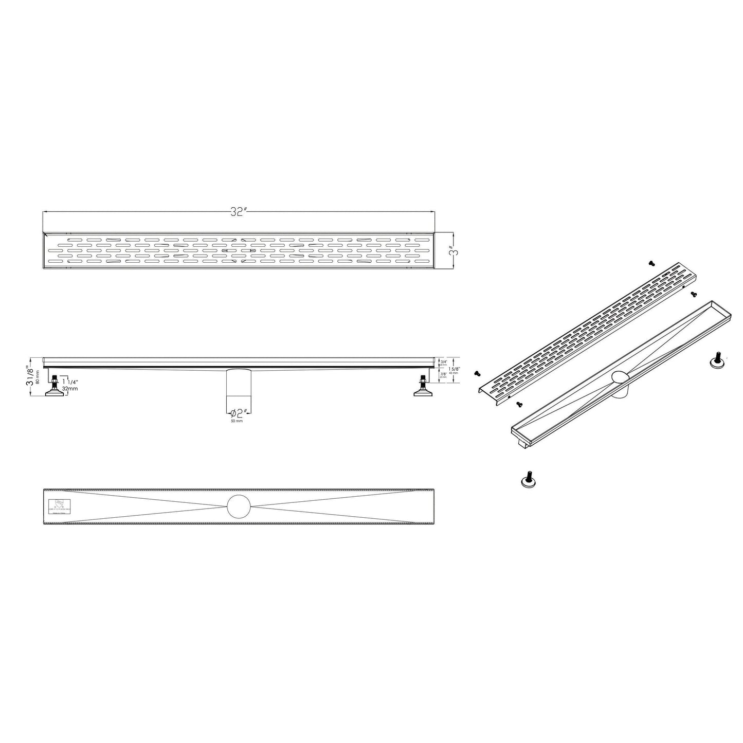 ALFI Brand ABLD32C-BSS 32" Brushed Stainless Steel Rectangle Linear Shower Drain With Groove Holes