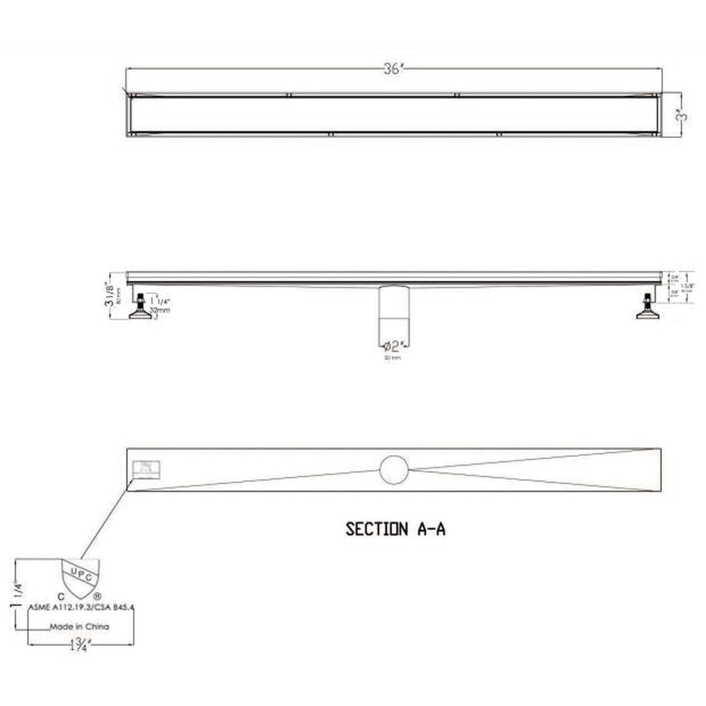 ALFI Brand ABLD36B-PSS 36" Polished Stainless Steel Rectangle Linear Shower Drain With Solid Cover