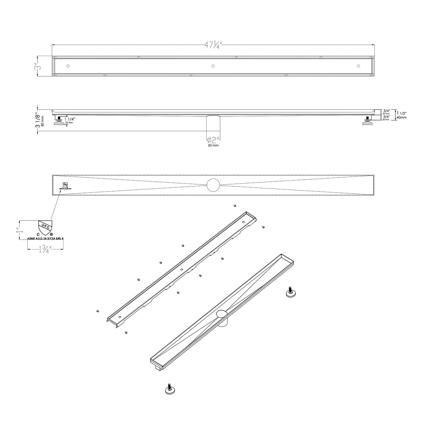 ALFI Brand ABLD47A 47" Brushed Stainless Steel Rectangle Linear Shower Drain Without Cover