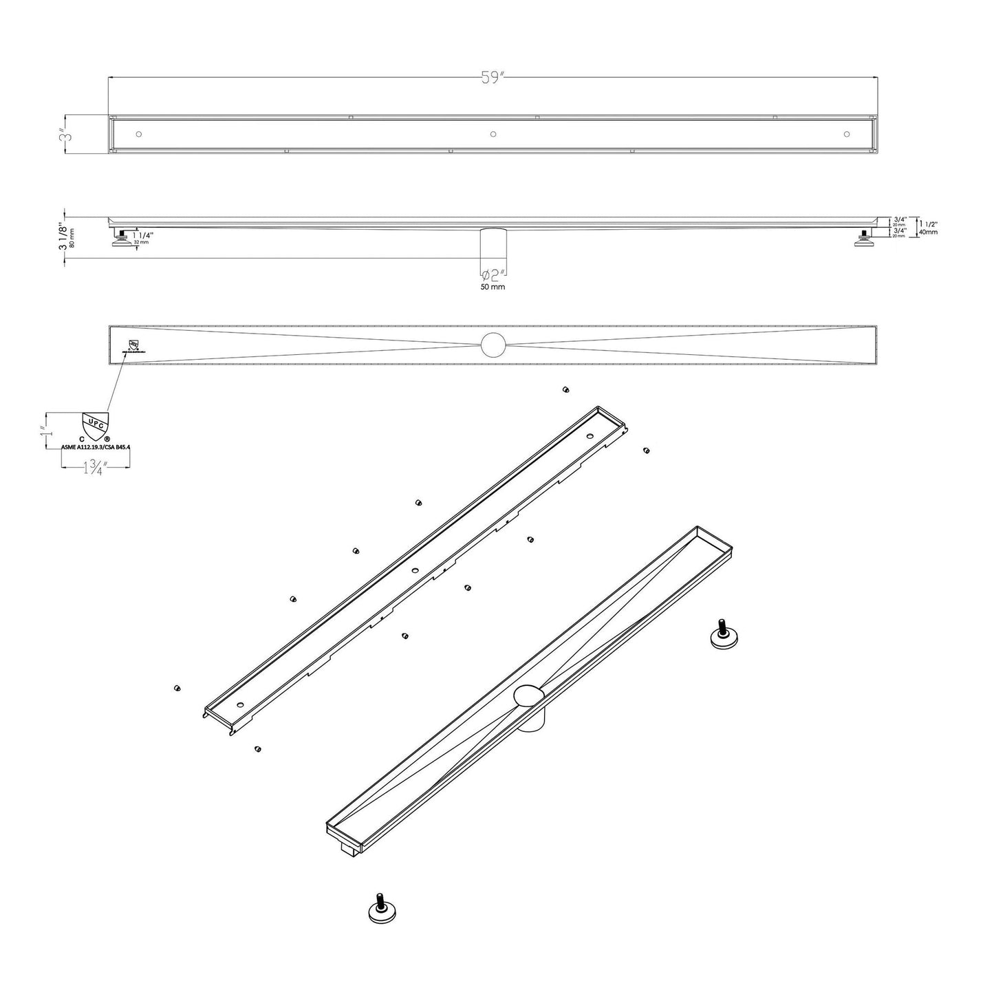 ALFI Brand ABLD59A 59" Brushed Stainless Steel Rectangle Linear Shower Drain Without Cover