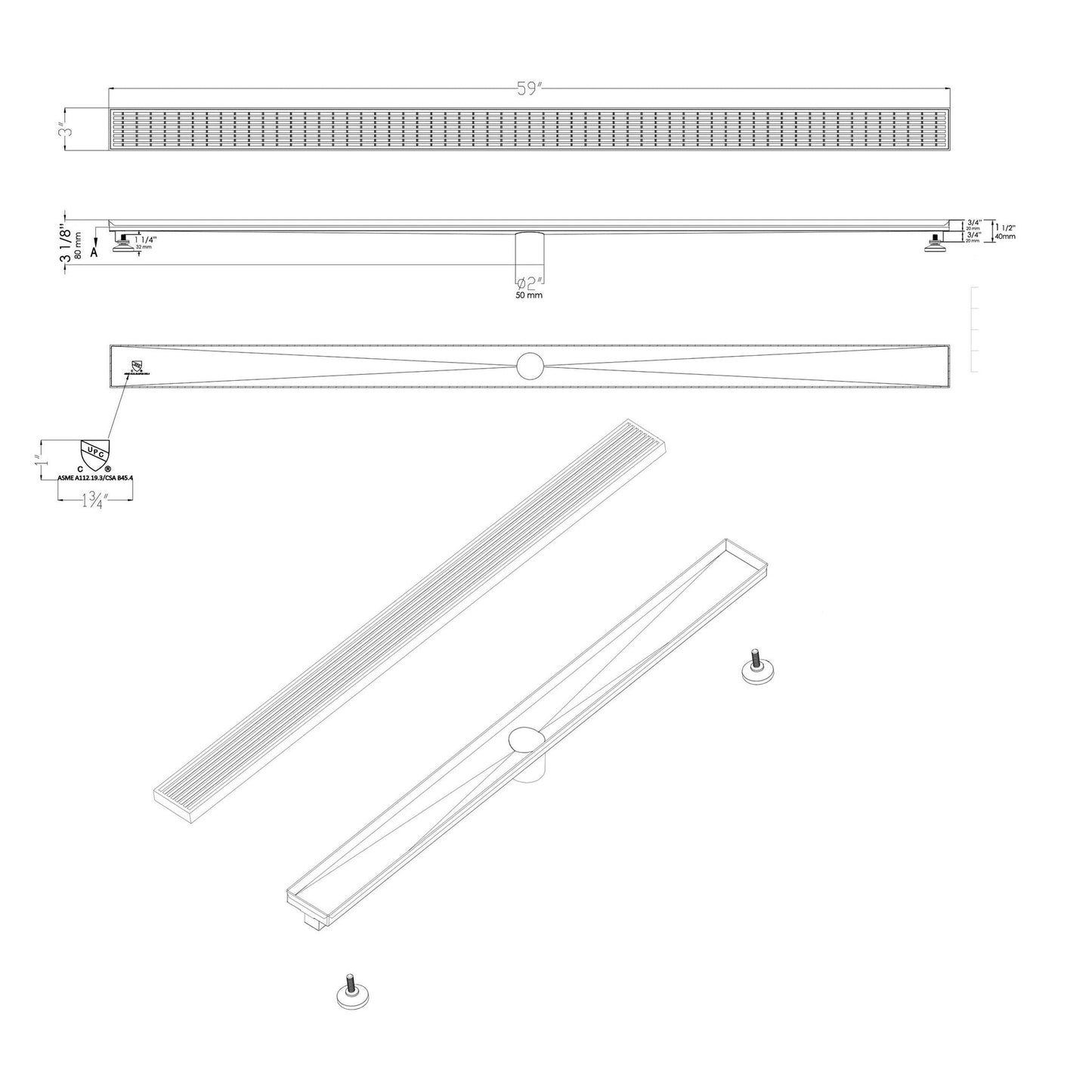ALFI Brand ABLD59D 59" Brushed Stainless Steel Rectangle Linear Shower Drain With Groove Lines