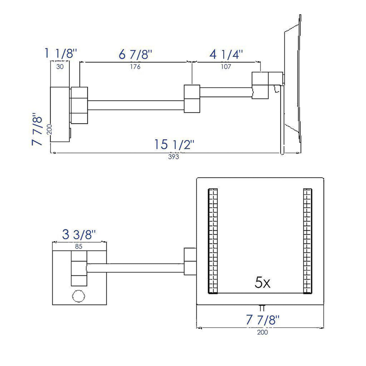 ALFI Brand ABM8WLED-BN 8" Brushed Nickel Wall-Mounted Square 5x Magnifying Cosmetic Mirror With Light