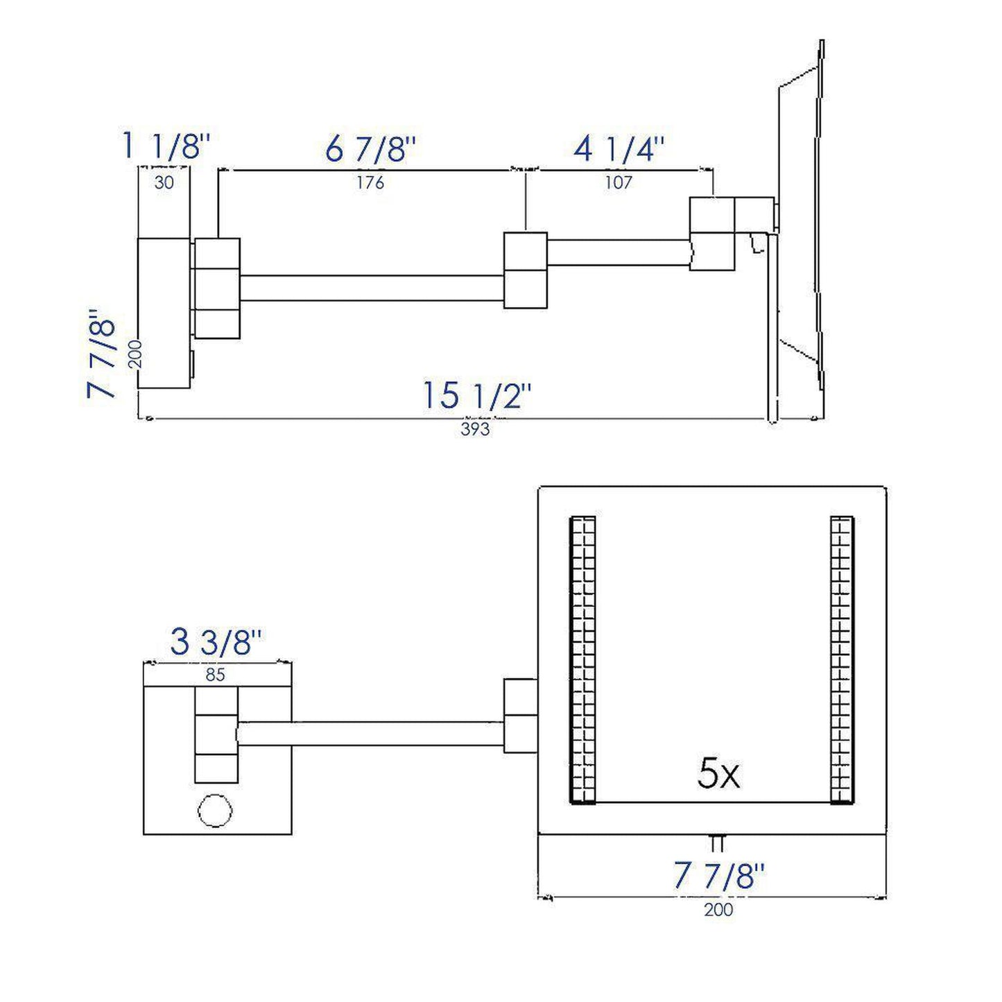ALFI Brand ABM8WLED-PC 8" Polished Chrome Wall-Mounted Square 5x Magnifying Cosmetic Mirror With Light