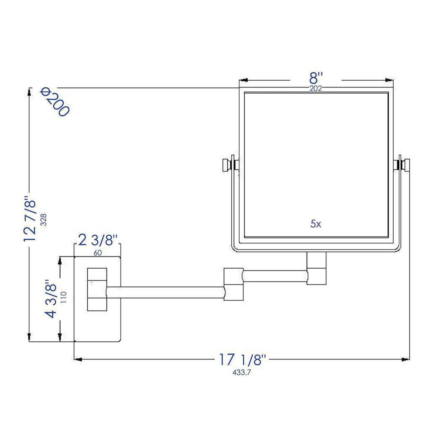 ALFI Brand ABM8WS-PC 8" Polished Chrome Wall-Mounted Square 5x Magnifying Cosmetic Mirror