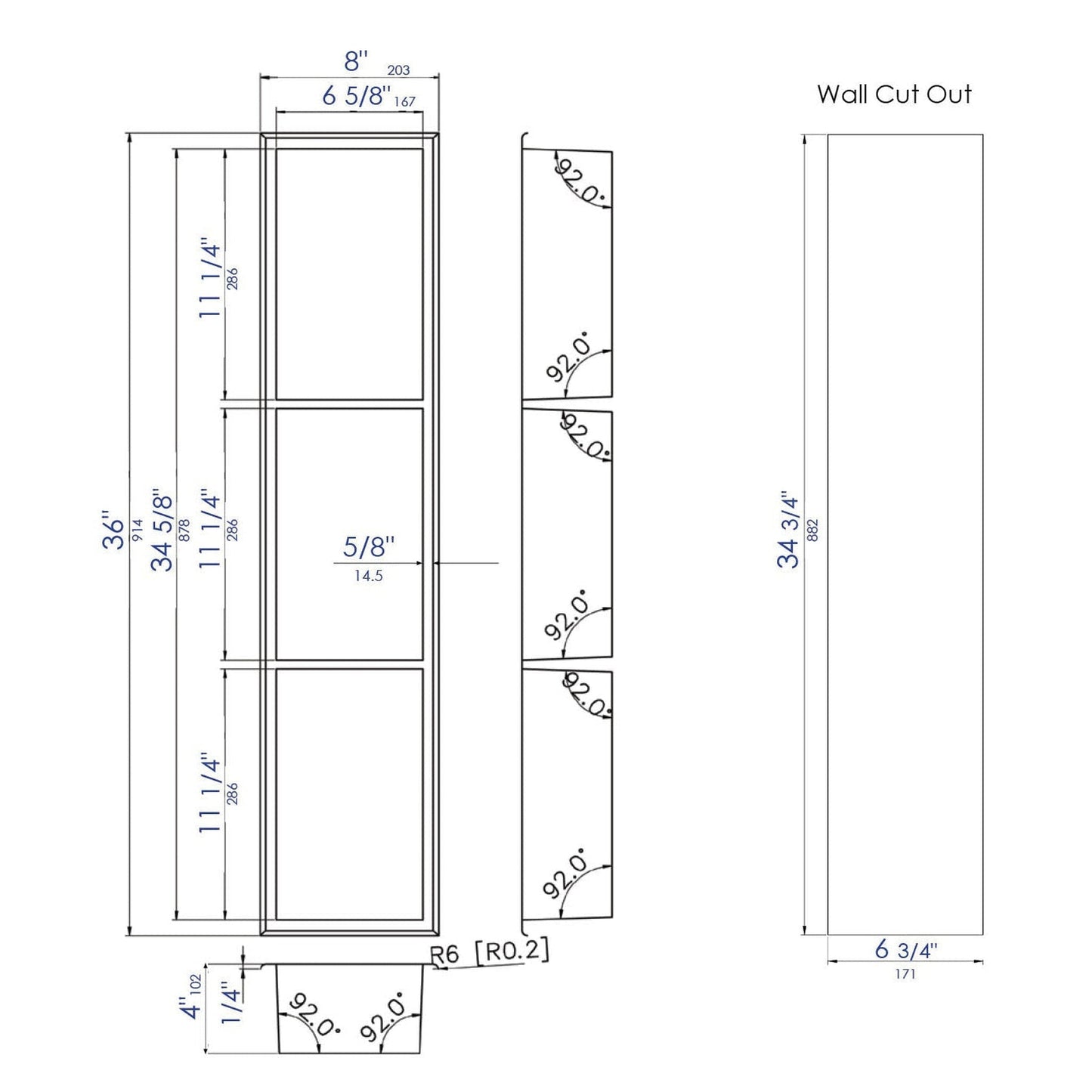 ALFI Brand ABN0836-BSS 8" x 36" Brushed Stainless Steel Rectangle Vertical Triple Shelf Bath Shower Niche