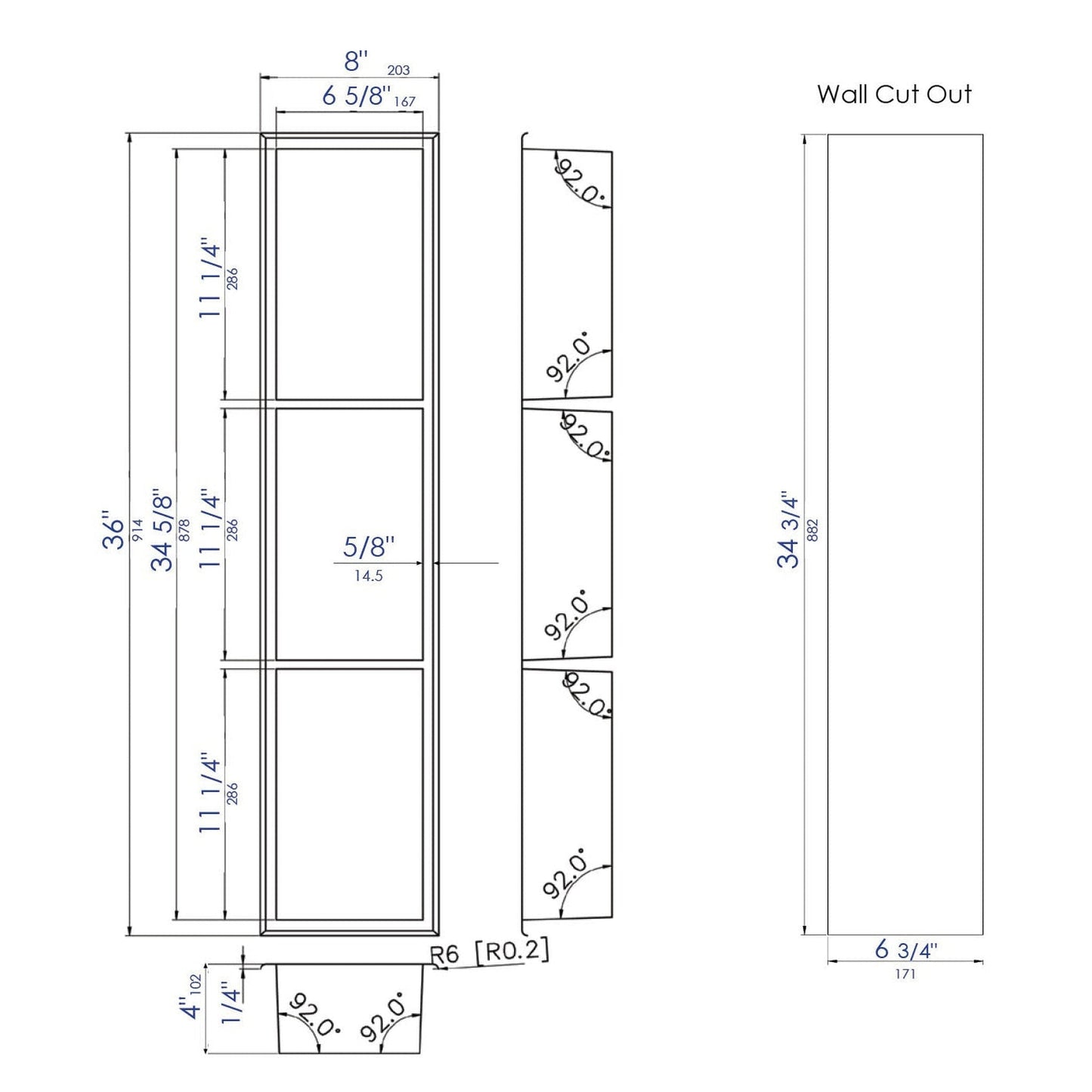 ALFI Brand ABNC0836-BLA 8" x 36" Black Matte Stainless Steel Rectangle Vertical Triple Shelf Bath Shower Niche