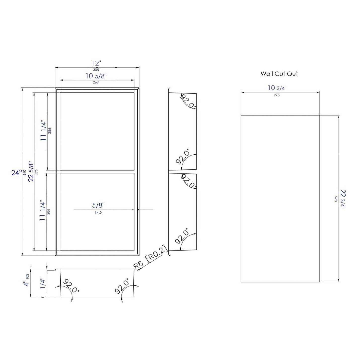 ALFI Brand ABNC1224-BLA 12" x 24" Black Matte Stainless Steel Rectangle Vertical Double Shelf Bath Shower Niche
