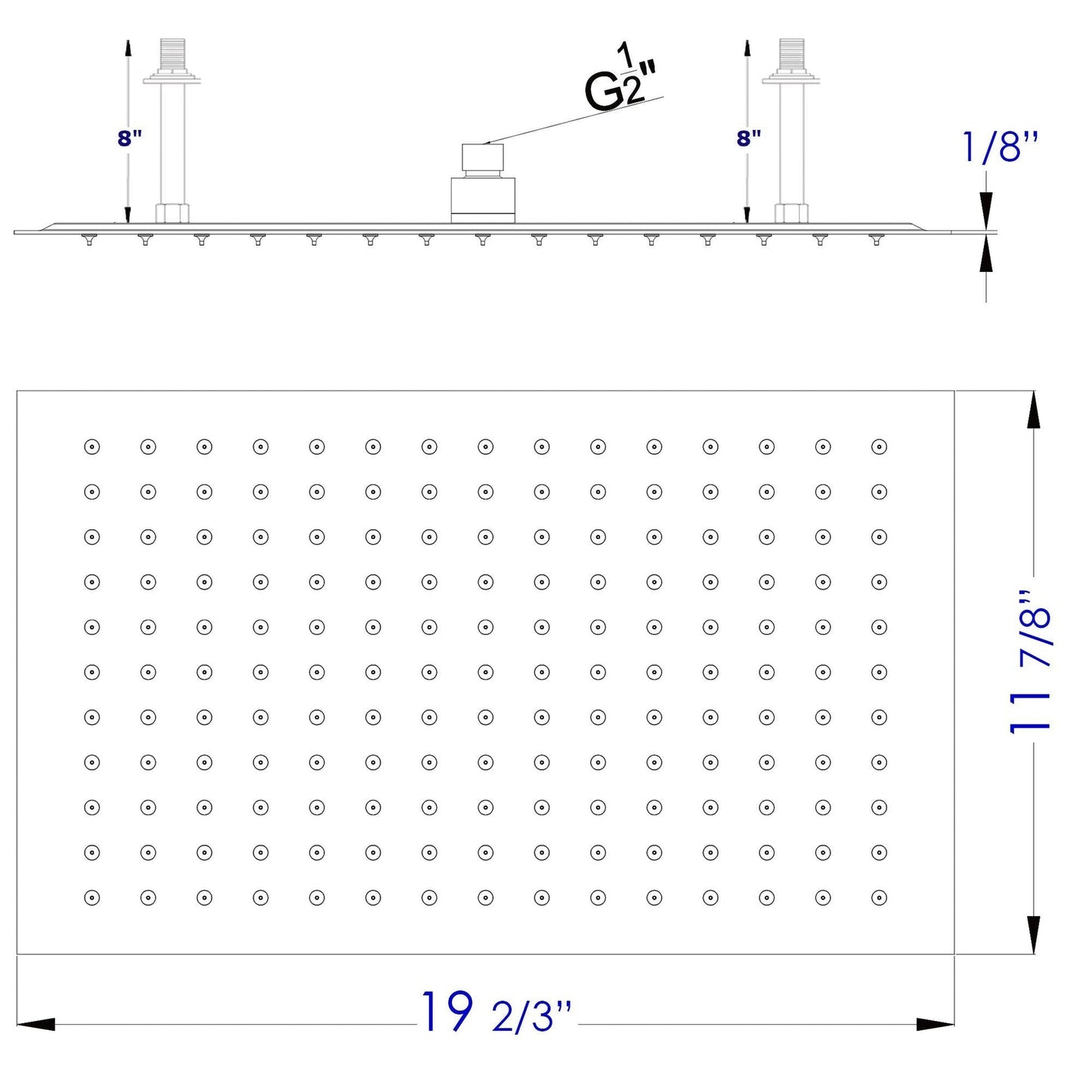 ALFI Brand RAIN2012-BSS 20" Rectangle Solid Brushed Stainless Steel Wall or Ceiling Mounted Ultra Thin Rain Brass Shower Head