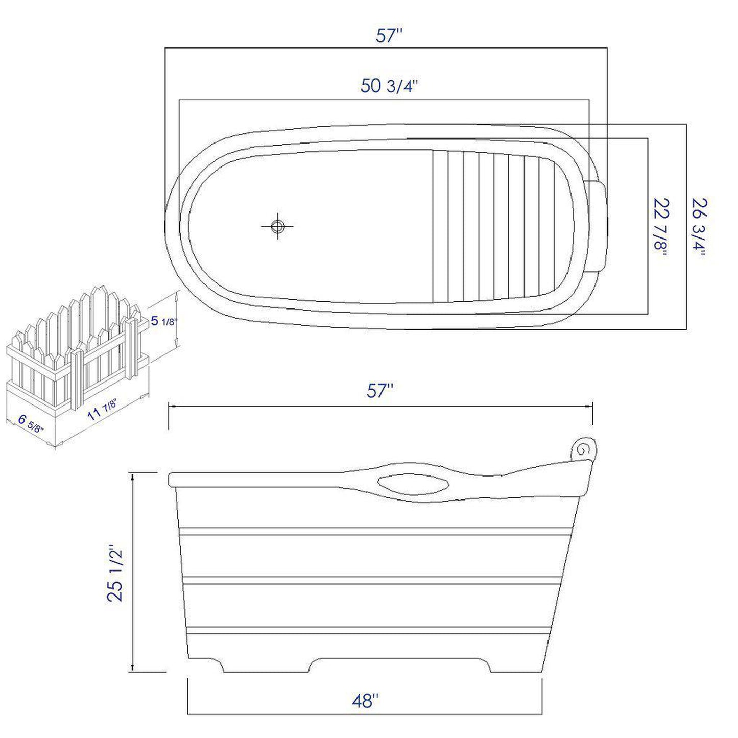 ALFI Brand AB1187 57" One Person Freestanding Soaking Rubber Wooden Bathtub With Headrest