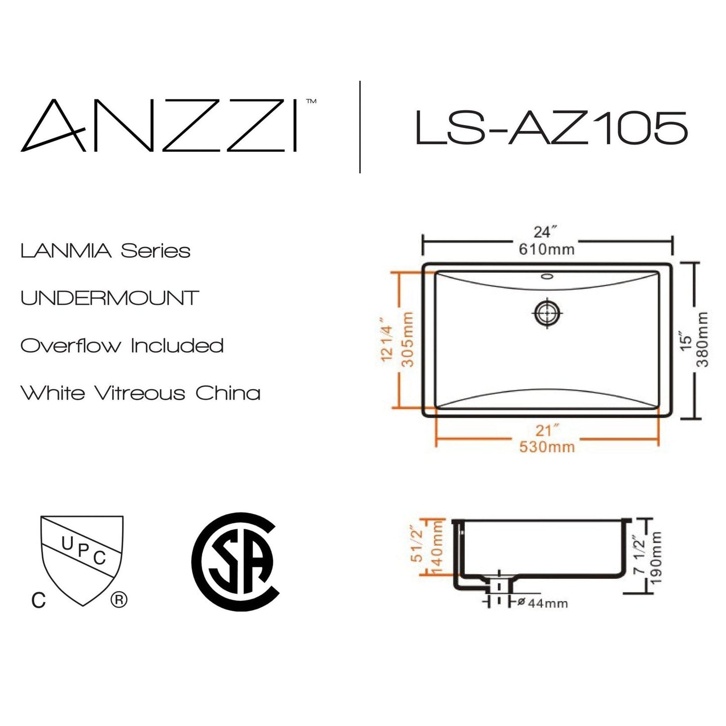 ANZZI Lanmia Series 24" x 15" Rectangular Undermount Sink With Built-In Overflow in Glossy White Finish
