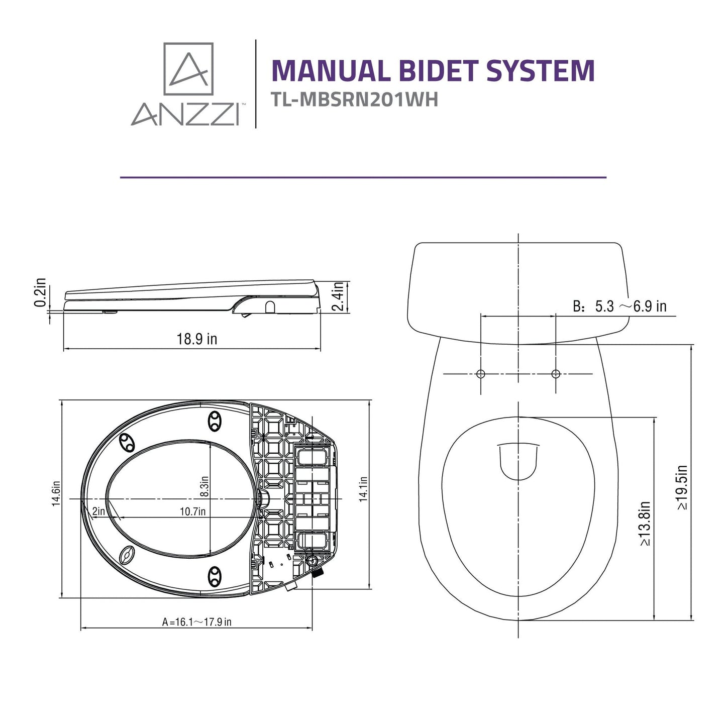 ANZZI Troy Series White Soft Close Non-Electric Toilet Seat With Dual Nozzle and Built-In Side Lever