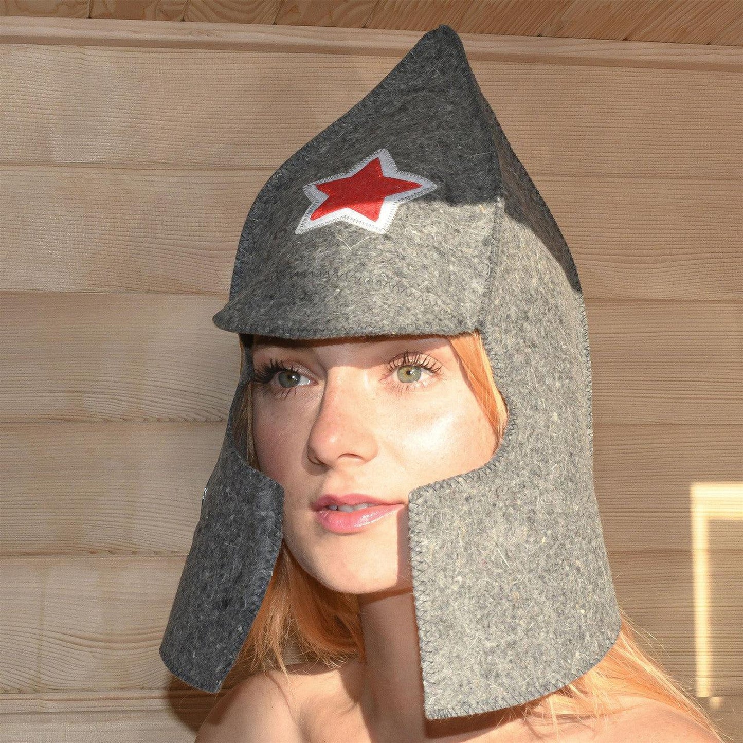 Aleko Natural Sheep Wool Sauna Hat in Charcoal with Embroidered Star