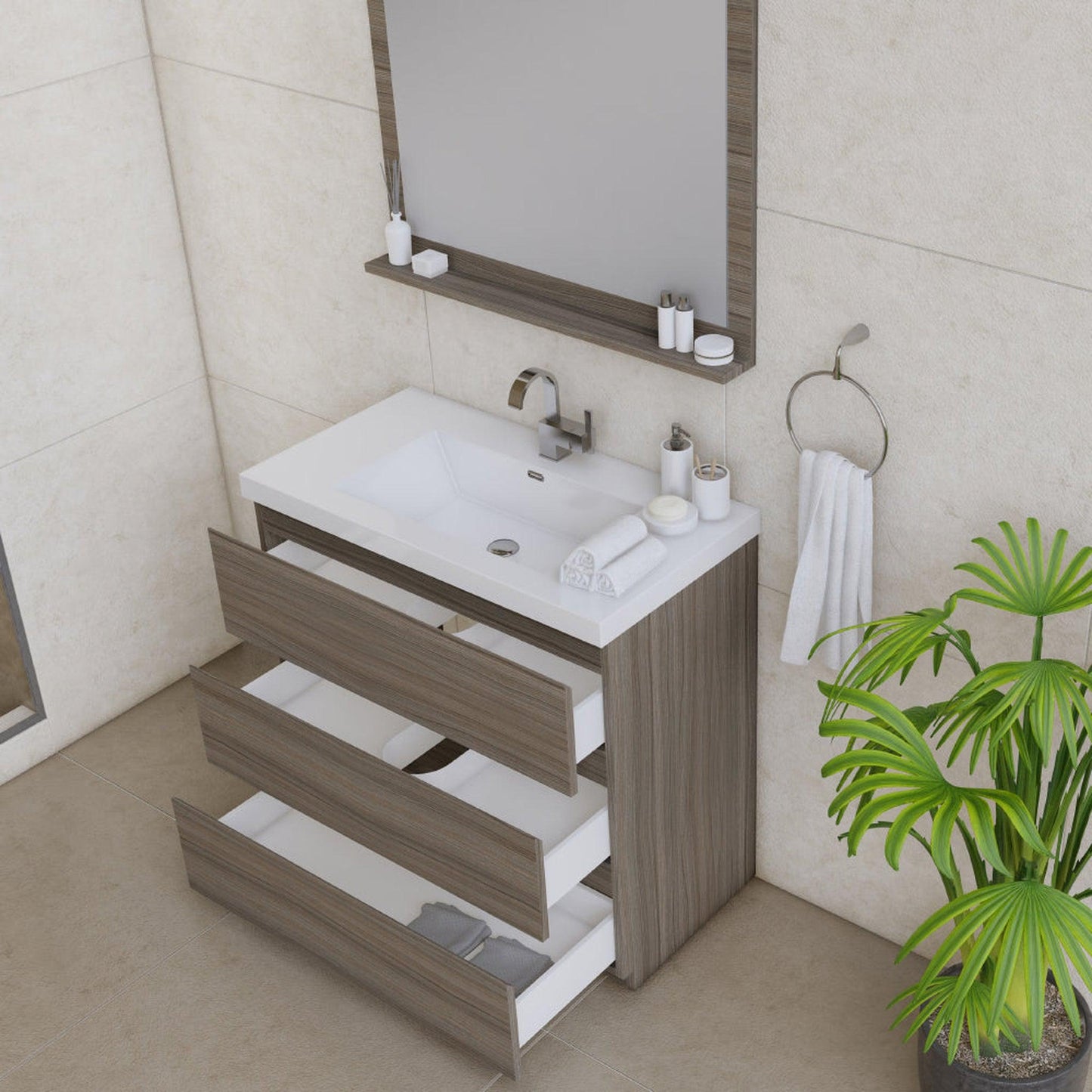 Alya Bath Paterno 36" Single Gray Modern Freestanding Bathroom Vanity With Acrylic Top and Integrated Sink