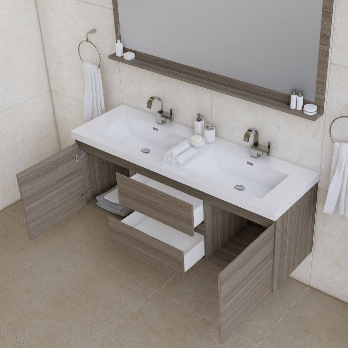 Alya Bath Paterno 60" Double Gray Modern Wall Mounted Bathroom Vanity With Acrylic Top and Integrated Sink