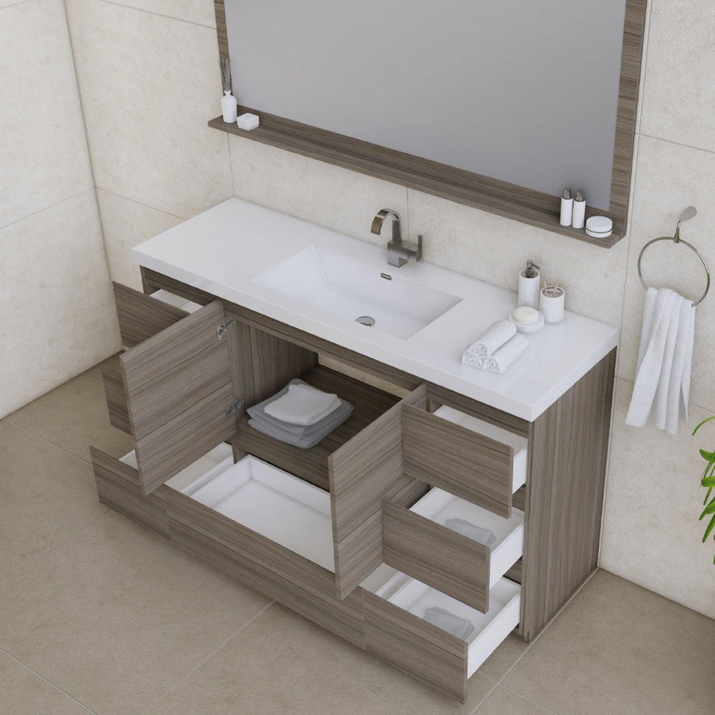 Alya Bath Paterno 60" Single Gray Modern Freestanding Single Bathroom Vanity With Acrylic Top and Integrated Sink