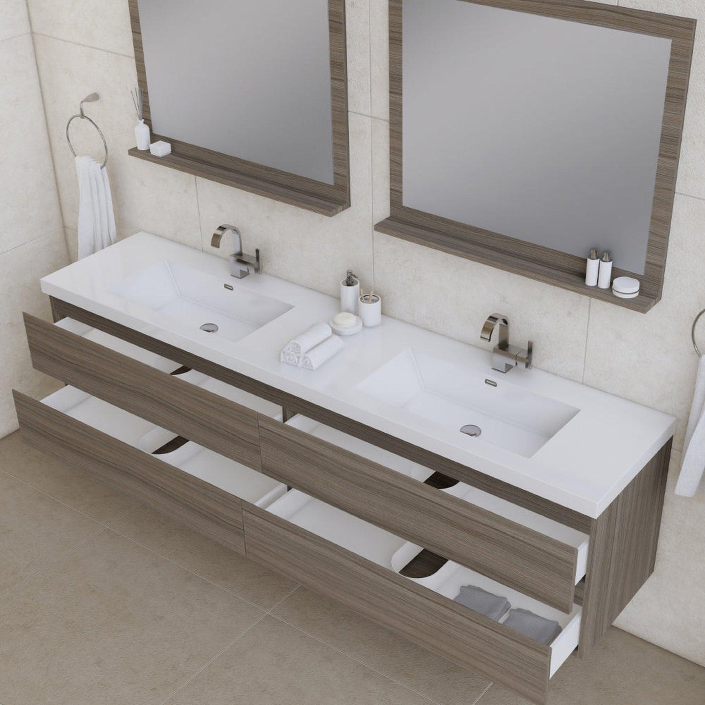 Alya Bath Paterno 84" Double Gray Modern Wall Mounted Bathroom Vanity With Acrylic Top and Integrated Sink
