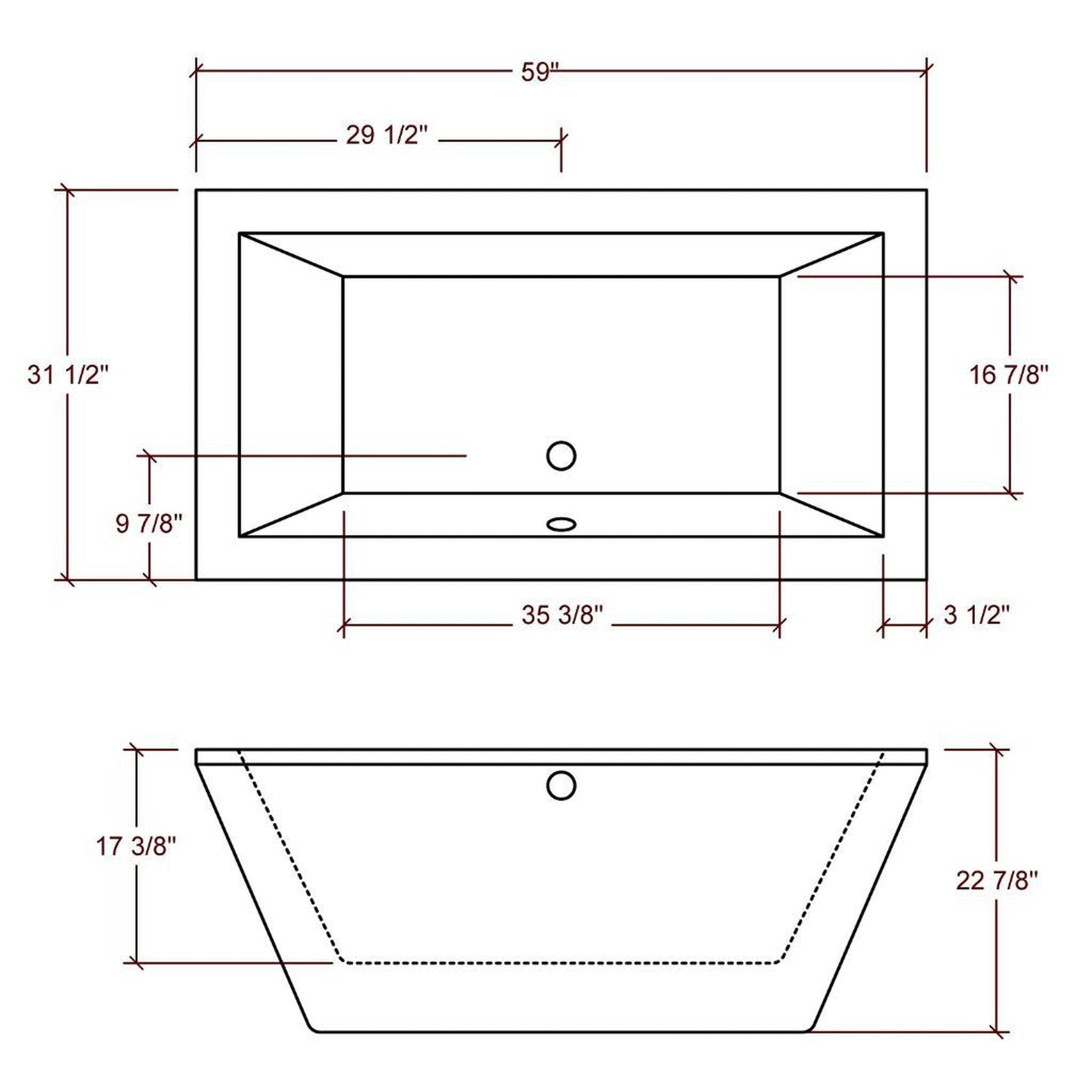 American Acrylic 59" x 31.5" White Rectangular Freestanding With 16-Jet Air Massage System Bathtub