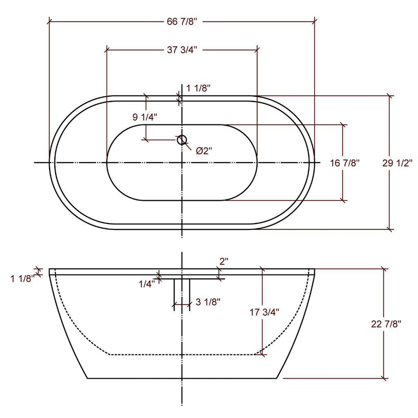 American Acrylic 66.875" x 29.5" White Oval Freestanding Bathtub With 16-Jet Air Plastic