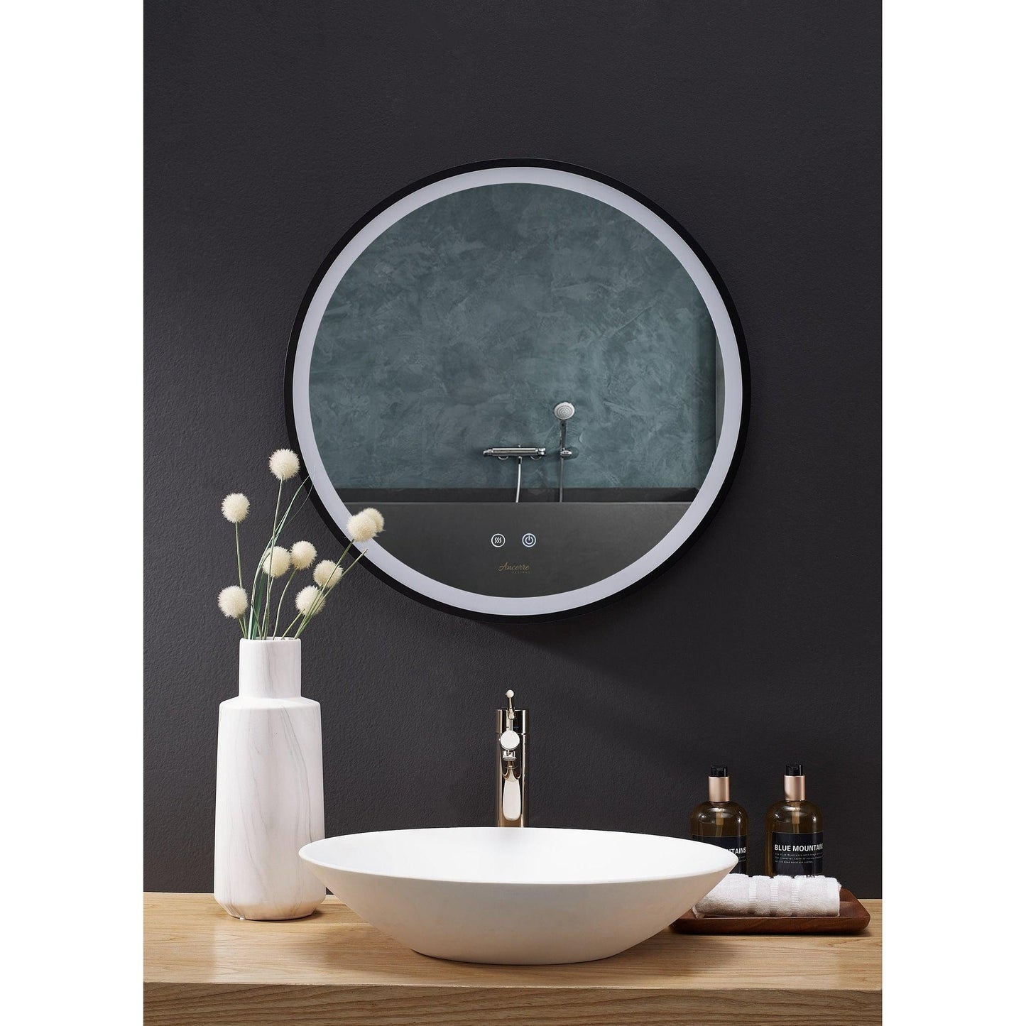 Ancerre Designs Cirque 30" Modern Round LED Lighted Black Framed Bathroom Vanity Mirror With Defogger, Dimmer and Mounting Hardware