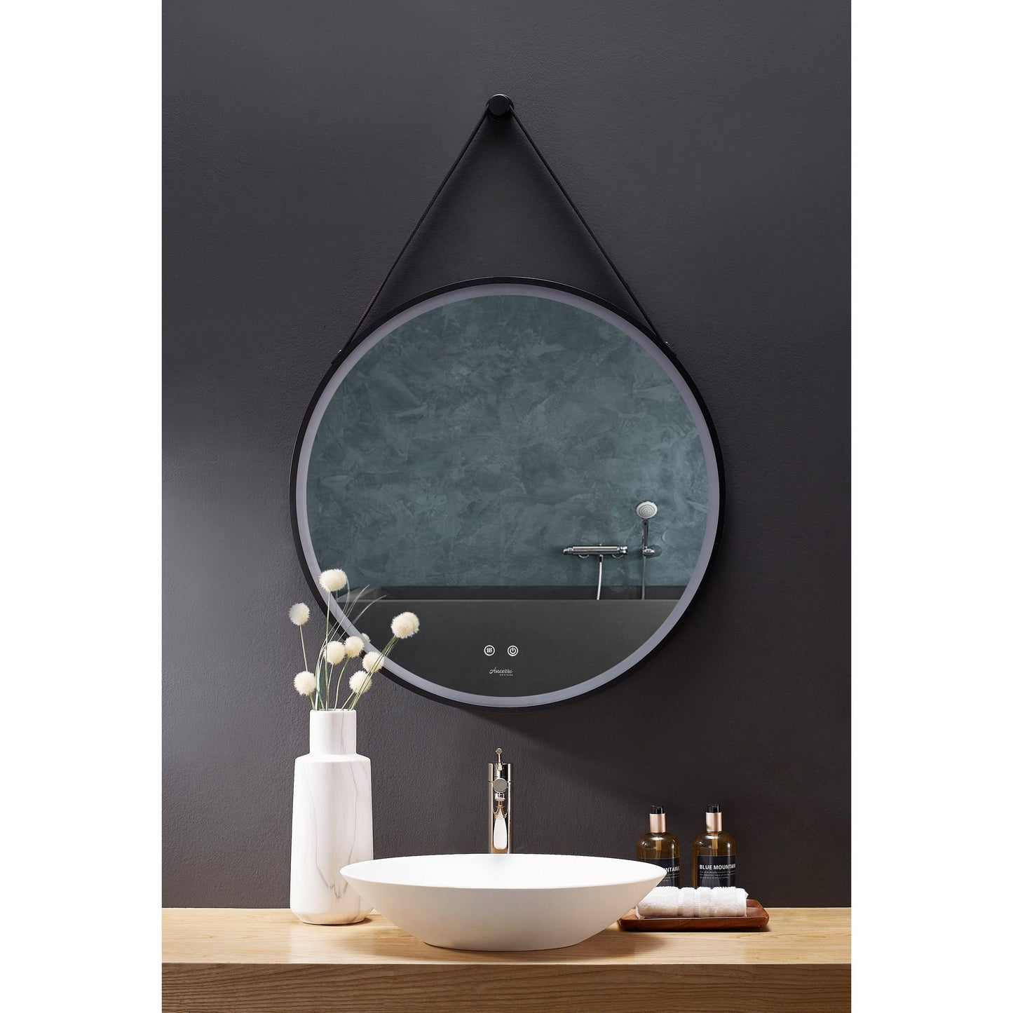 Ancerre Designs Sangle 24" Modern Round LED Lighted Black Framed Bathroom Vanity Mirror With Dimmer, Defogger and Vegan Leather Strap