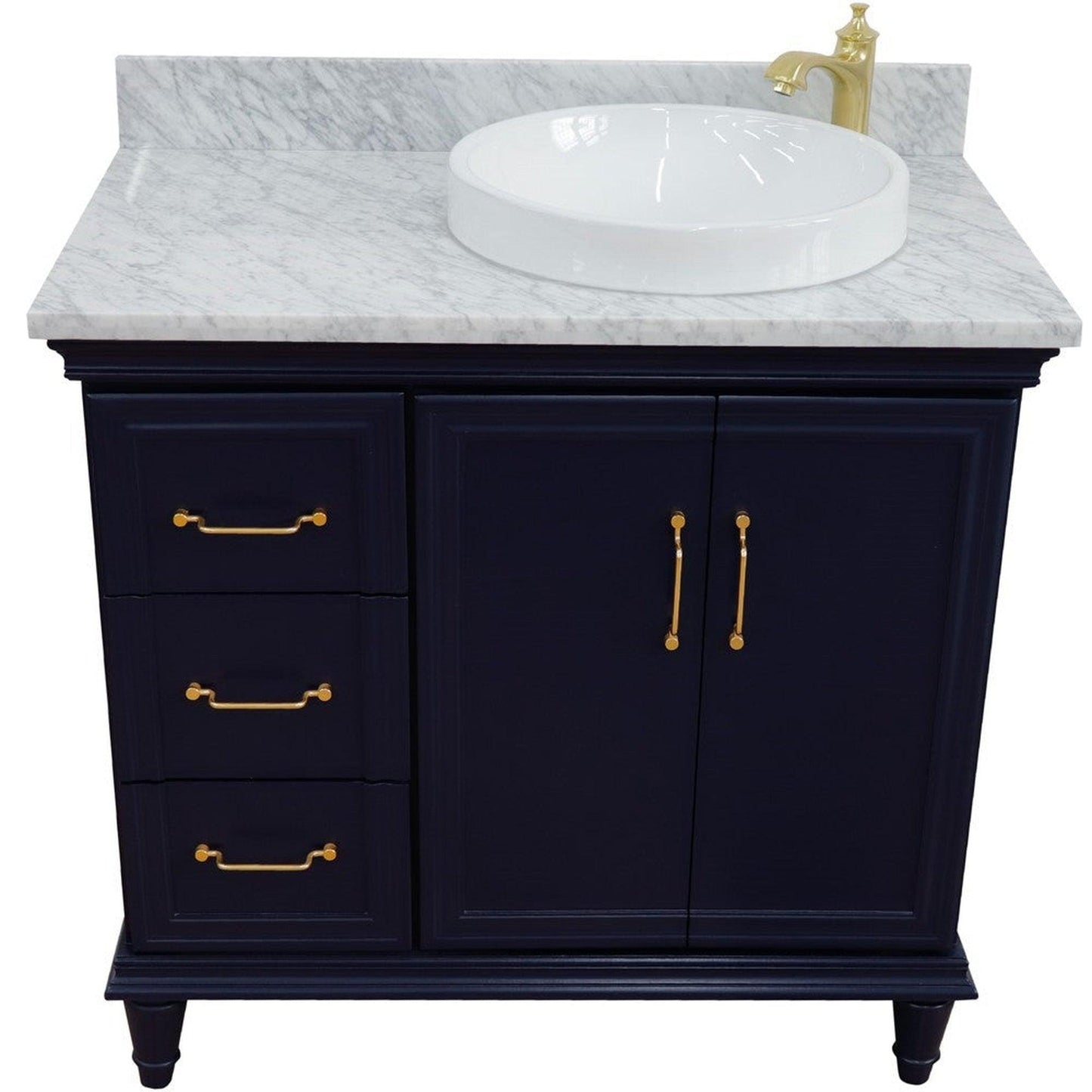 Bellaterra Home Forli 37" 2-Door 3-Drawer Blue Freestanding Vanity Set With Ceramic Right Offset Vessel Sink and White Carrara Marble Top, and Right Door Cabinet