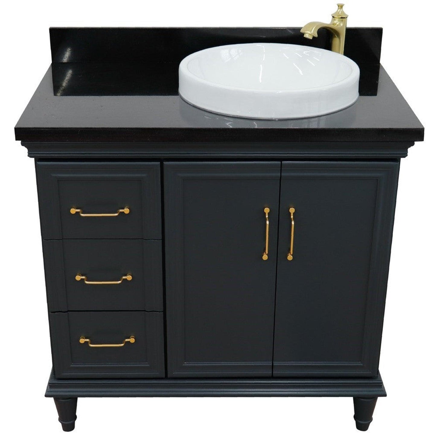 Bellaterra Home Forli 37" 2-Door 3-Drawer Dark Gray Freestanding Vanity Set With Ceramic Right Offset Vessel Sink and Black Galaxy Granite Top, and Right Door Cabinet