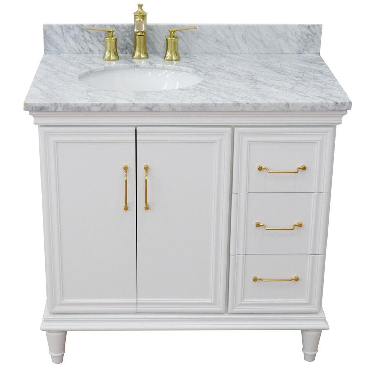 Bellaterra Home Forli 37" 2-Door 3-Drawer White Freestanding Vanity Set With Ceramic Left Offset Undermount Oval Sink and White Carrara Marble Top, and Left Door Cabinet