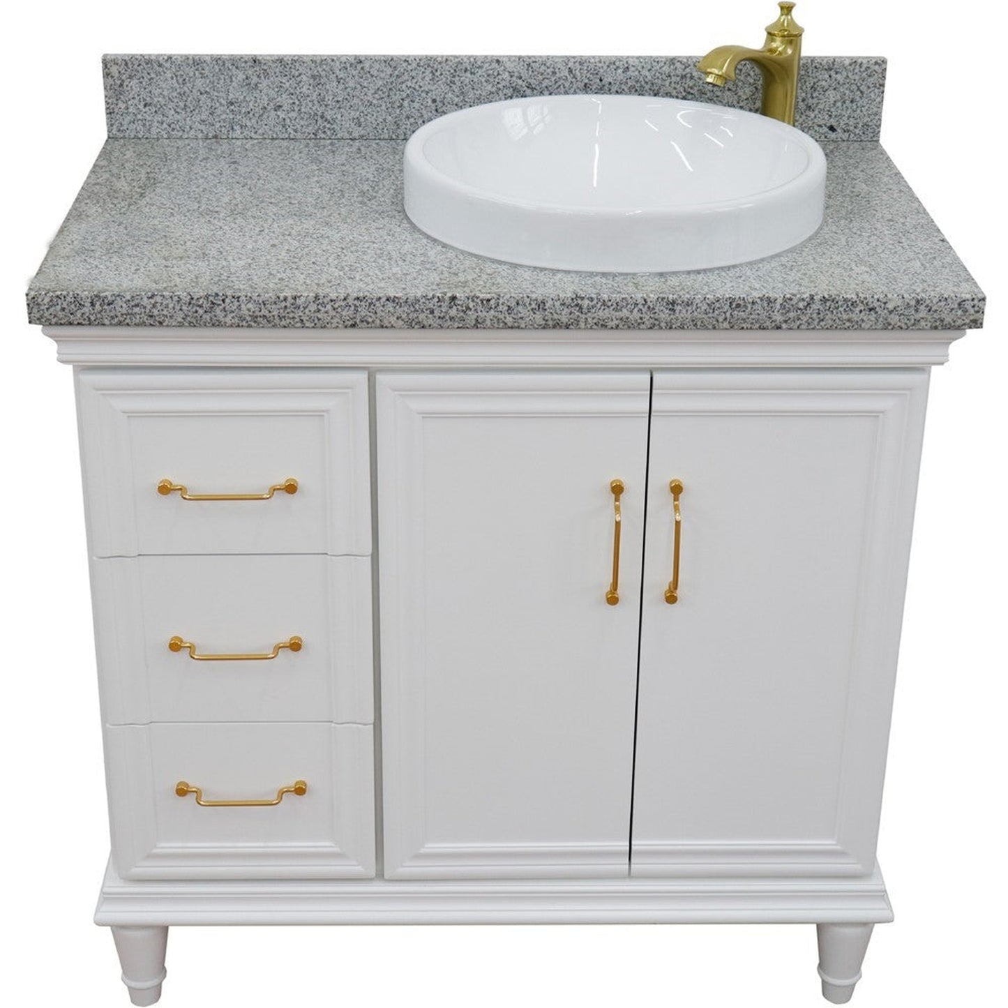 Bellaterra Home Forli 37" 2-Door 3-Drawer White Freestanding Vanity Set With Ceramic Right Offset Vessel Sink and Gray Granite Top, and Right Door Cabinet