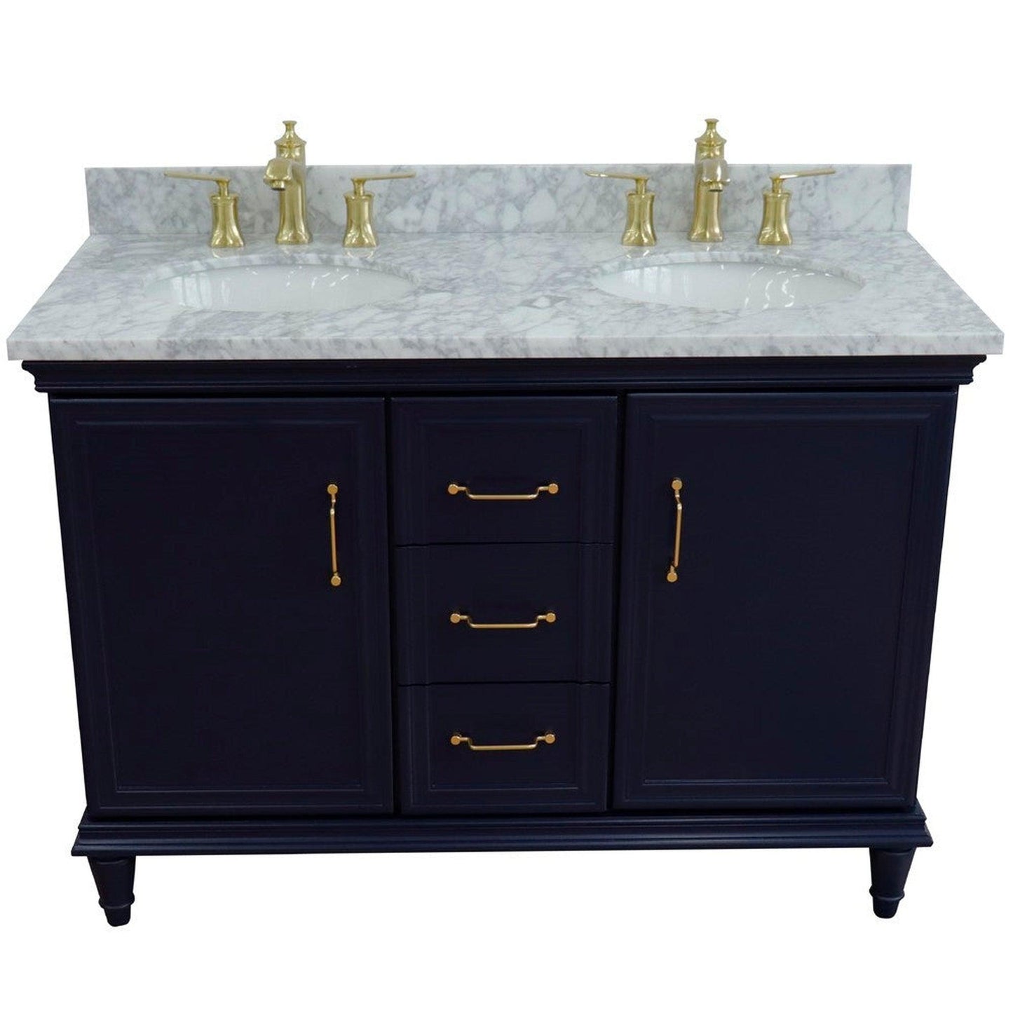Bellaterra Home Forli 49" 2-Door 3-Drawer Blue Freestanding Vanity Set With Ceramic Double Undermount Oval Sink and White Carrara Marble Top