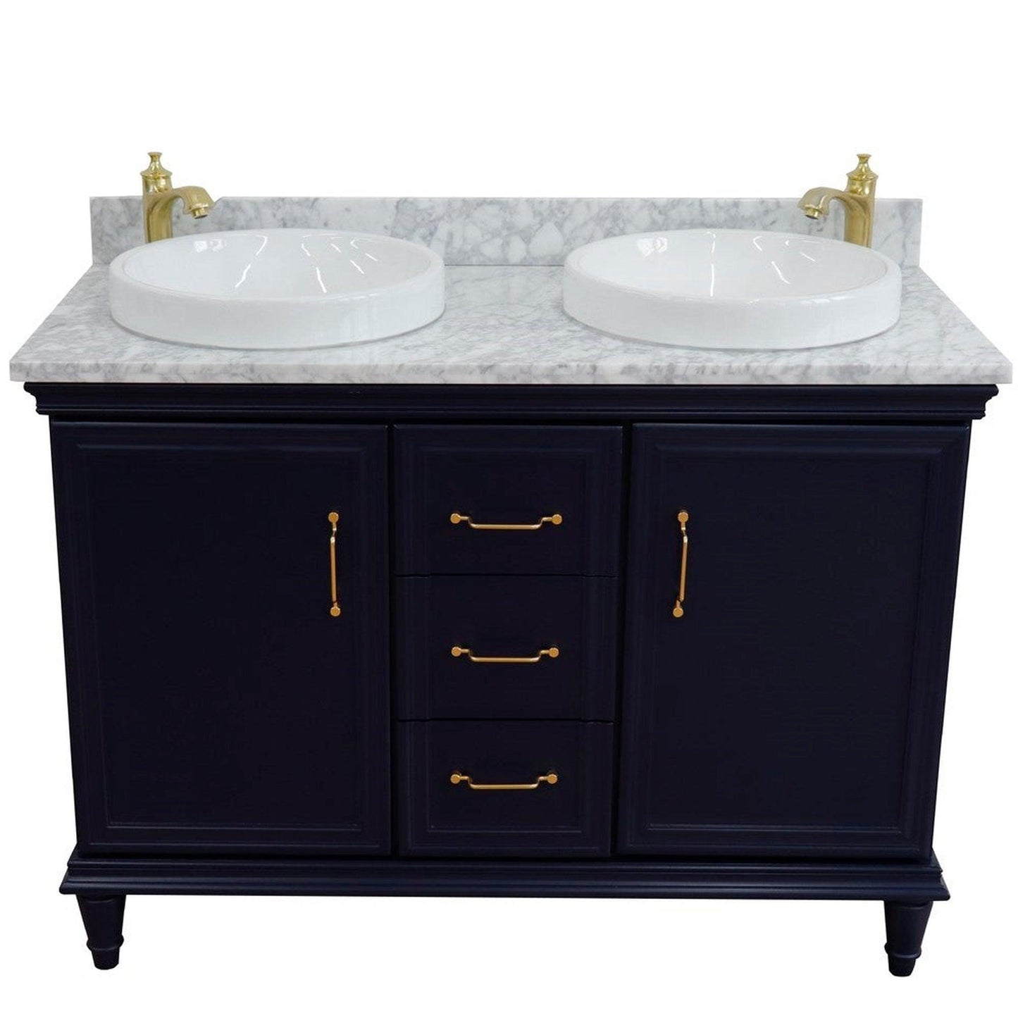 Bellaterra Home Forli 49" 2-Door 3-Drawer Blue Freestanding Vanity Set With Ceramic Double Vessel Sink and White Carrara Marble Top