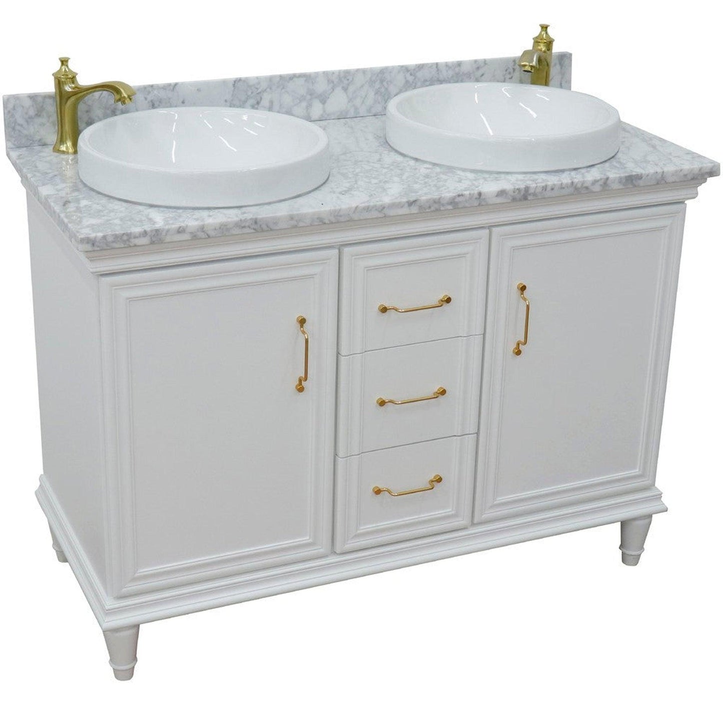 Bellaterra Home Forli 49" 2-Door 3-Drawer White Freestanding Vanity Set With Ceramic Double Vessel Sink and White Carrara Marble Top