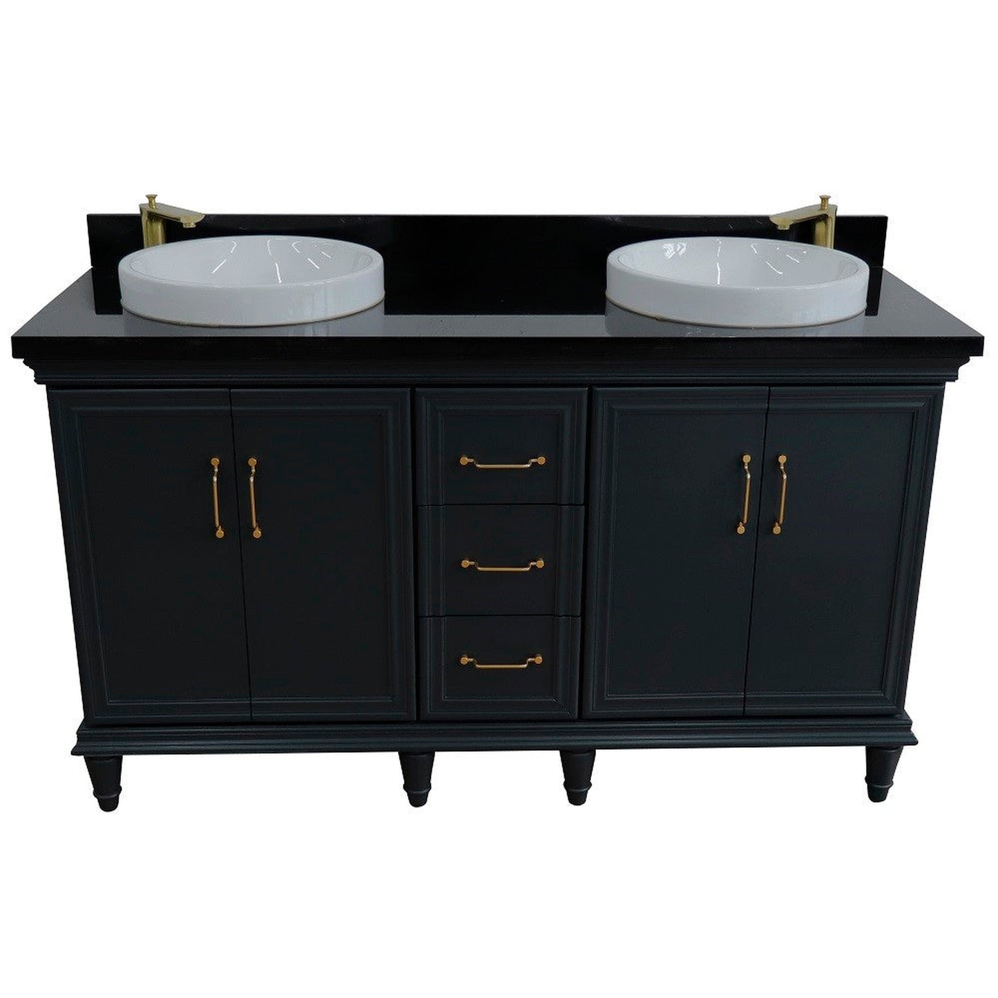 Bellaterra Home Forli 61" 4-Door 3-Drawer Dark Gray Freestanding Vanity Set With Ceramic Double Vessel Sink and Black Galaxy Granite Top