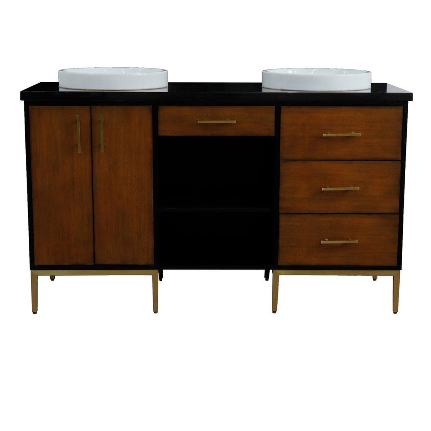 Bellaterra Home Imola 61" 2-Door 4-Drawer 2-Shelf Walnut and Black Freestanding Vanity Set With Ceramic Double Vessel Sink and Black Galaxy Granite Top