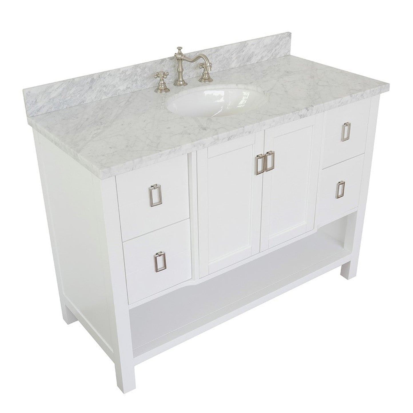 Bellaterra Home Monterey 49" 2-Door 4-Drawer White Freestanding Vanity Set With Ceramic Undermount Oval Sink and White Carrara Marble Top