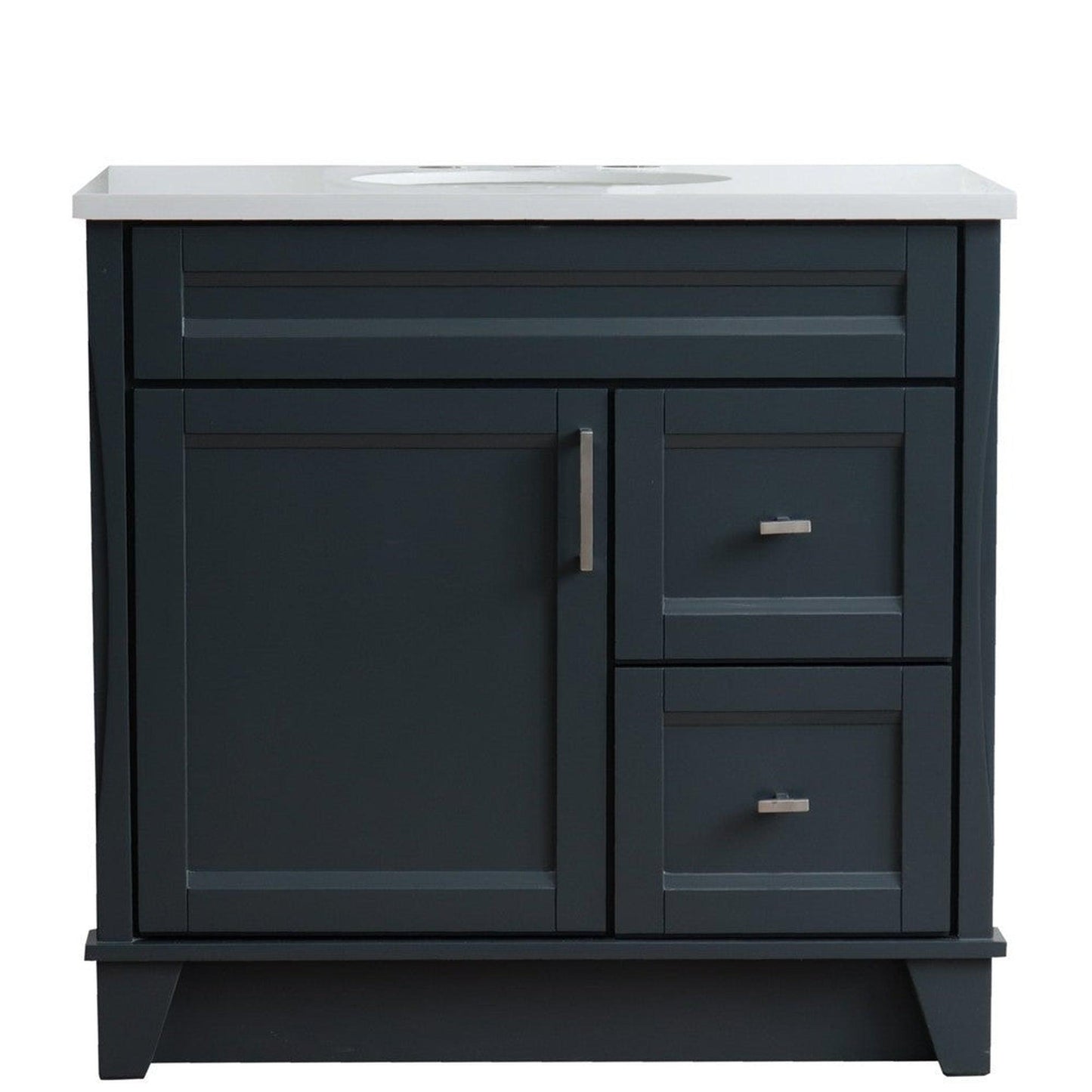 Bellaterra Home Terni 37" 1-Door 2-Drawer Dark Gray Freestanding Vanity Set With Ceramic Center Undermount Oval Sink and White Quartz Top, and Left Door Base