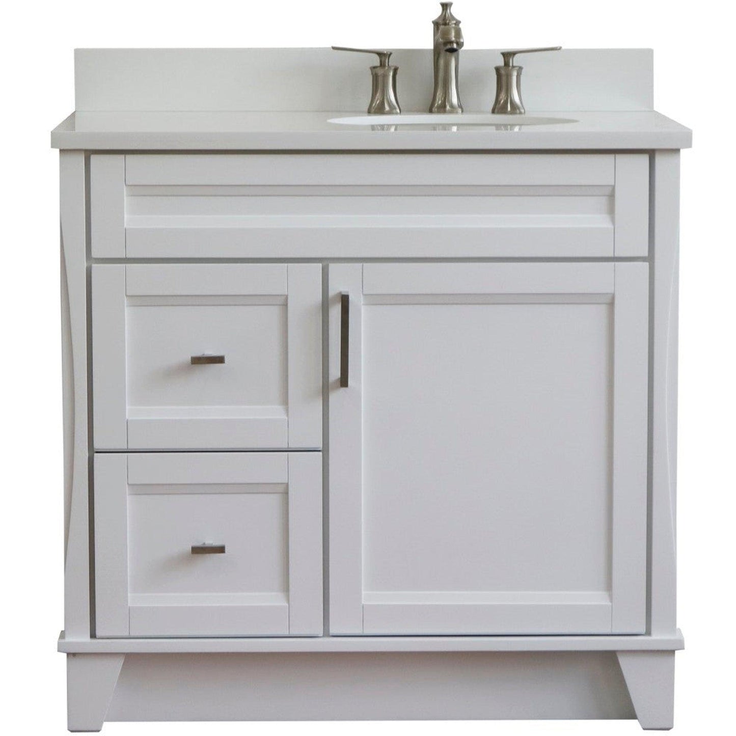 Bellaterra Home Terni 37" 1-Door 2-Drawer White Freestanding Vanity Set With Ceramic Right Offset Undermount Oval Sink and White Quartz Top, and Right Door Base