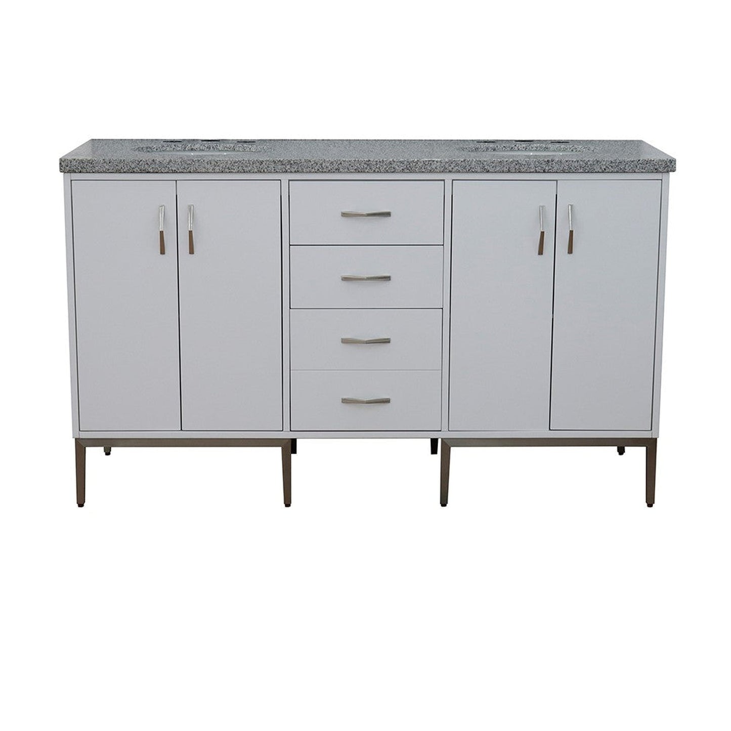 Bellaterra Home Tivoli 61" 4-Door 3-Drawer White Freestanding Double Vanity Set With Ceramic Double Undermount Oval Sink and Gray Granite Top