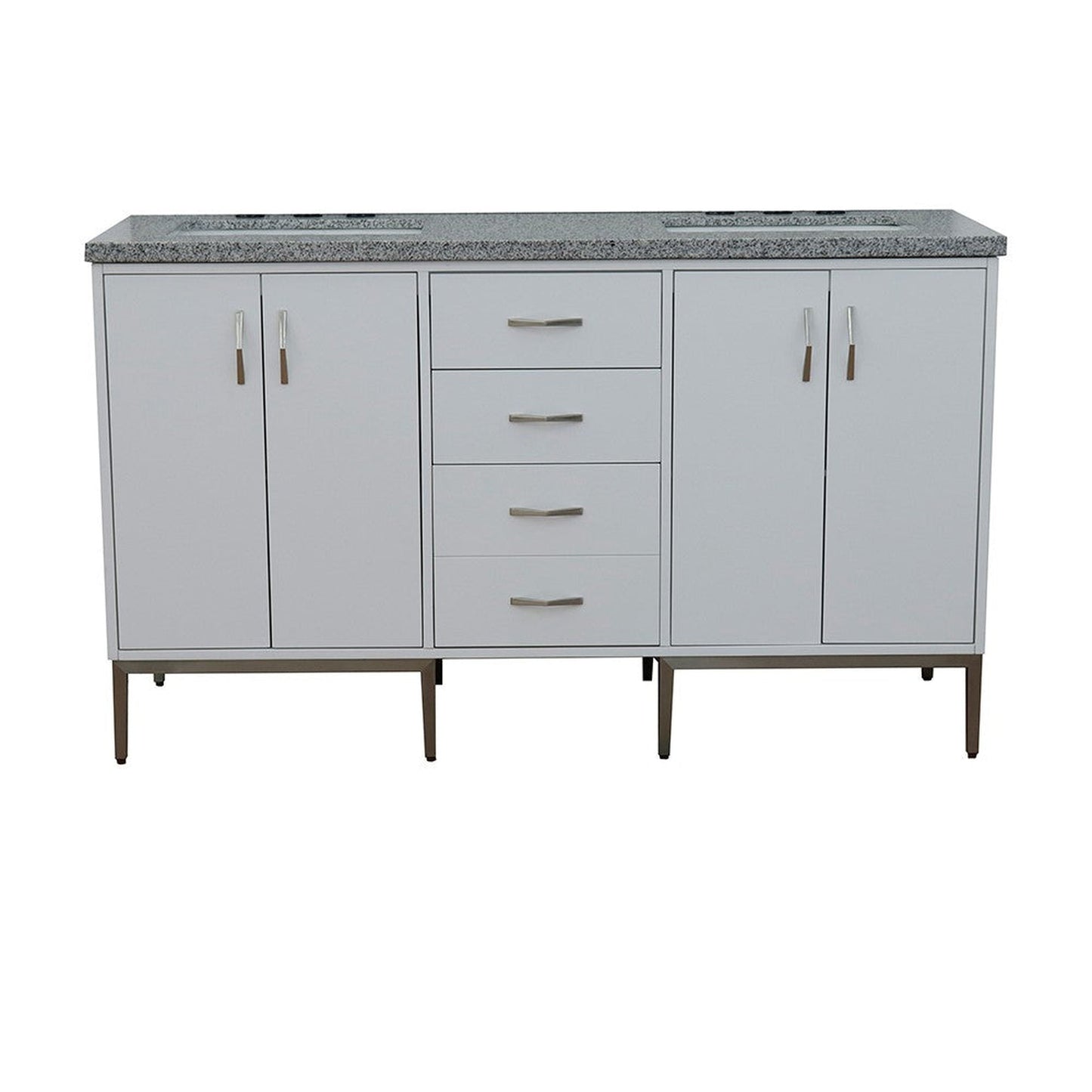 Bellaterra Home Tivoli 61" 4-Door 3-Drawer White Freestanding Double Vanity Set With Ceramic Double Undermount Rectangular Sink and Gray Granite Top