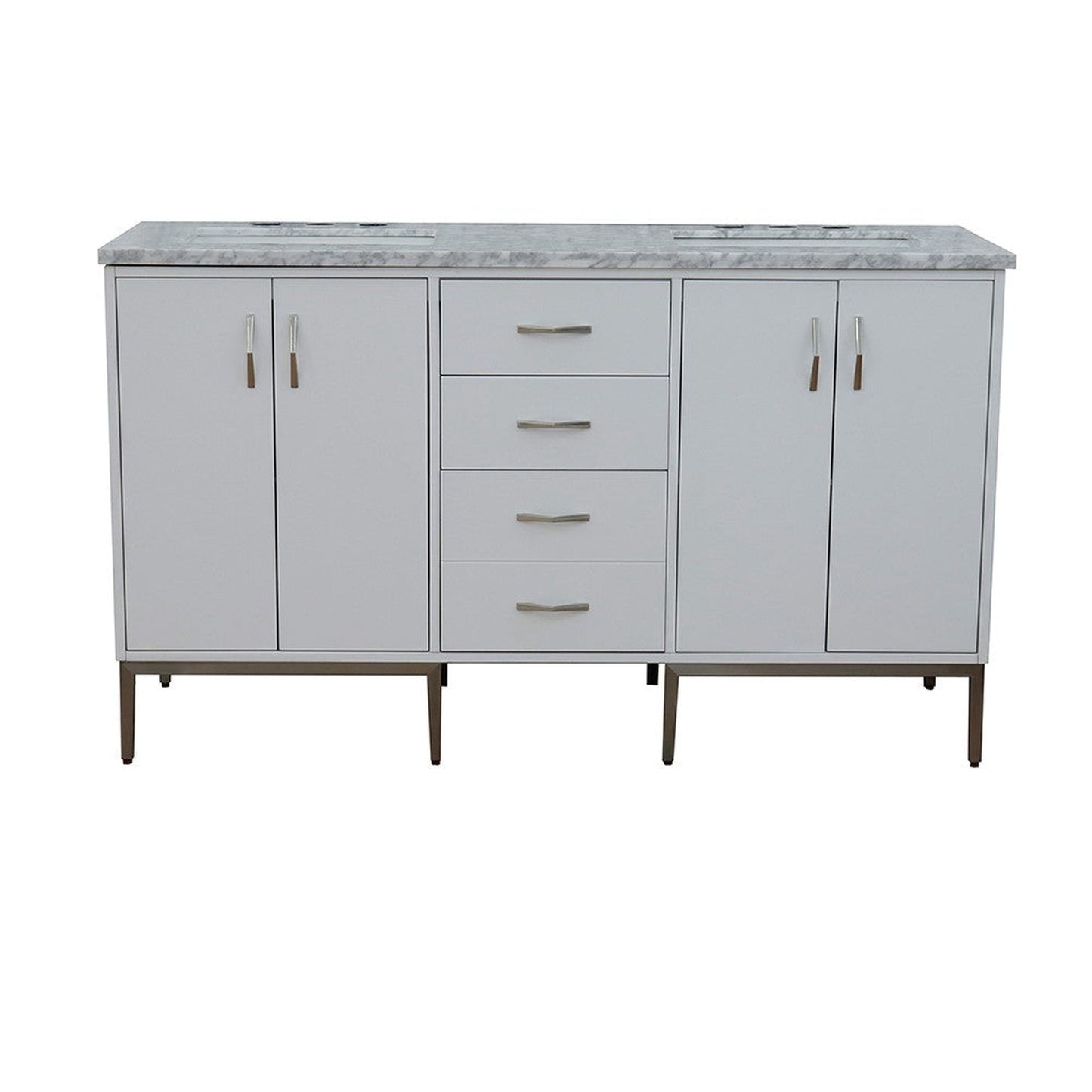 Bellaterra Home Tivoli 61" 4-Door 3-Drawer White Freestanding Double Vanity Set With Ceramic Double Undermount Rectangular Sink and White Carrara Marble Top
