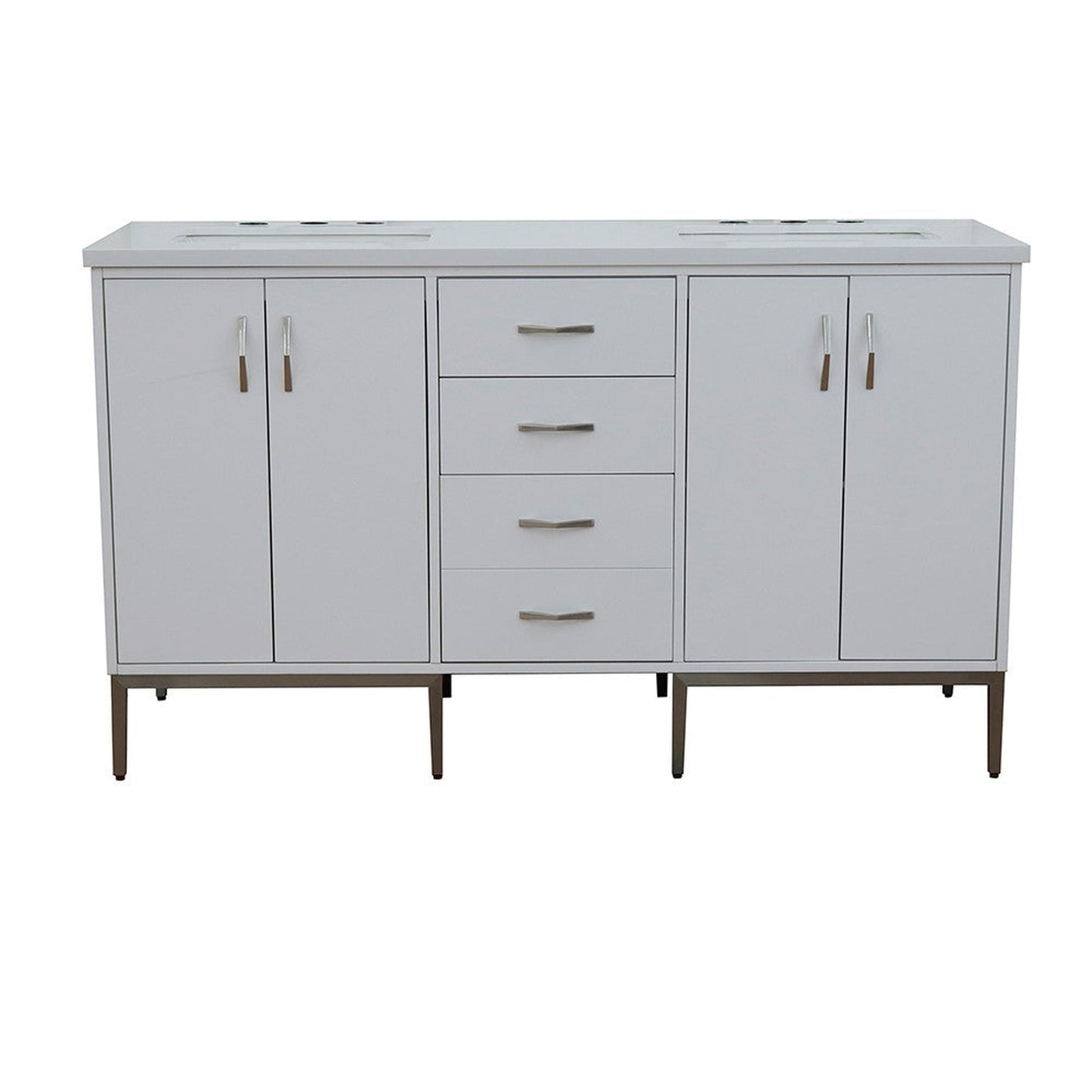 Bellaterra Home Tivoli 61" 4-Door 3-Drawer White Freestanding Double Vanity Set With Ceramic Double Undermount Rectangular Sink and White Quartz Top
