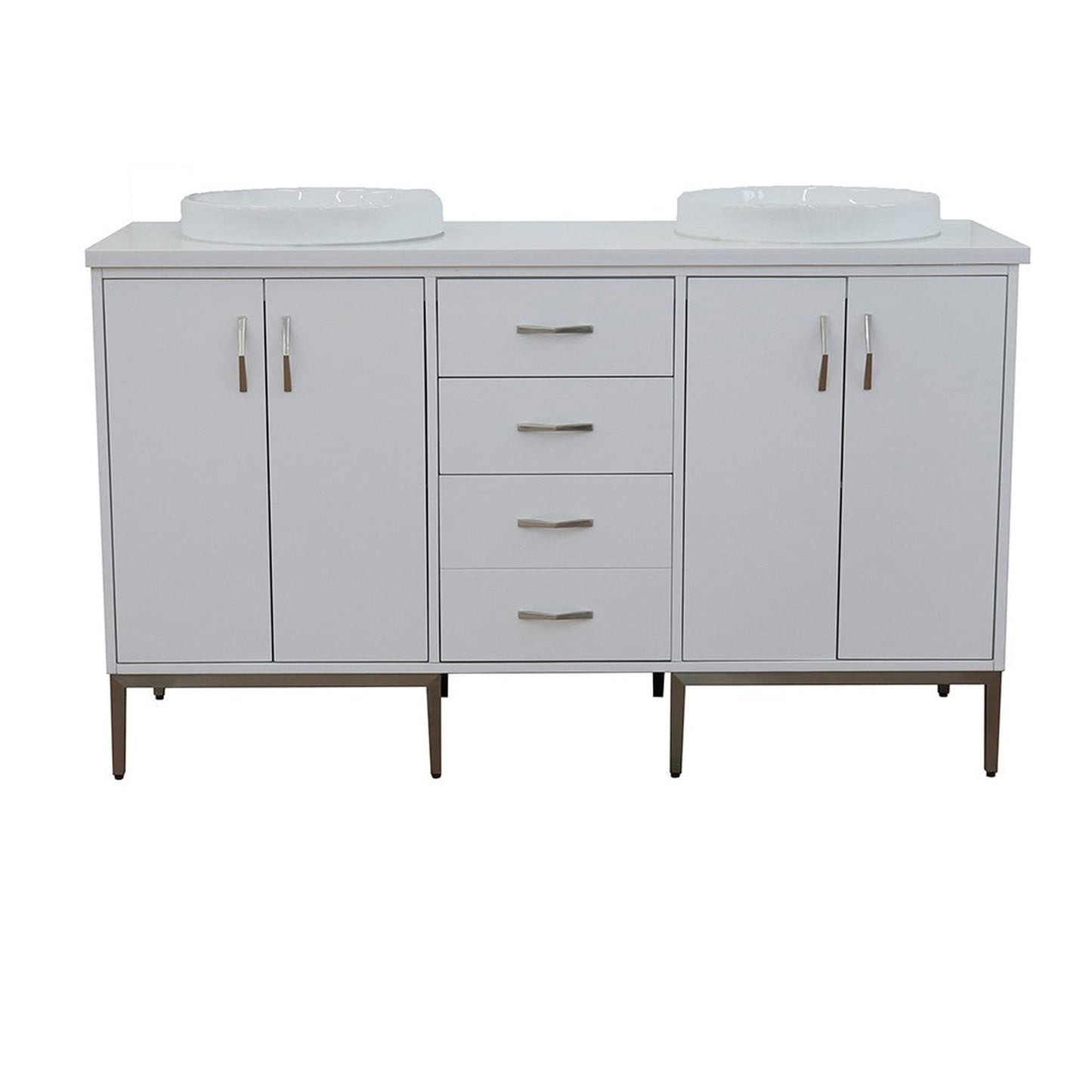 Bellaterra Home Tivoli 61" 4-Door 3-Drawer White Freestanding Double Vanity Set With Ceramic Double Vessel Sink and White Quartz Top