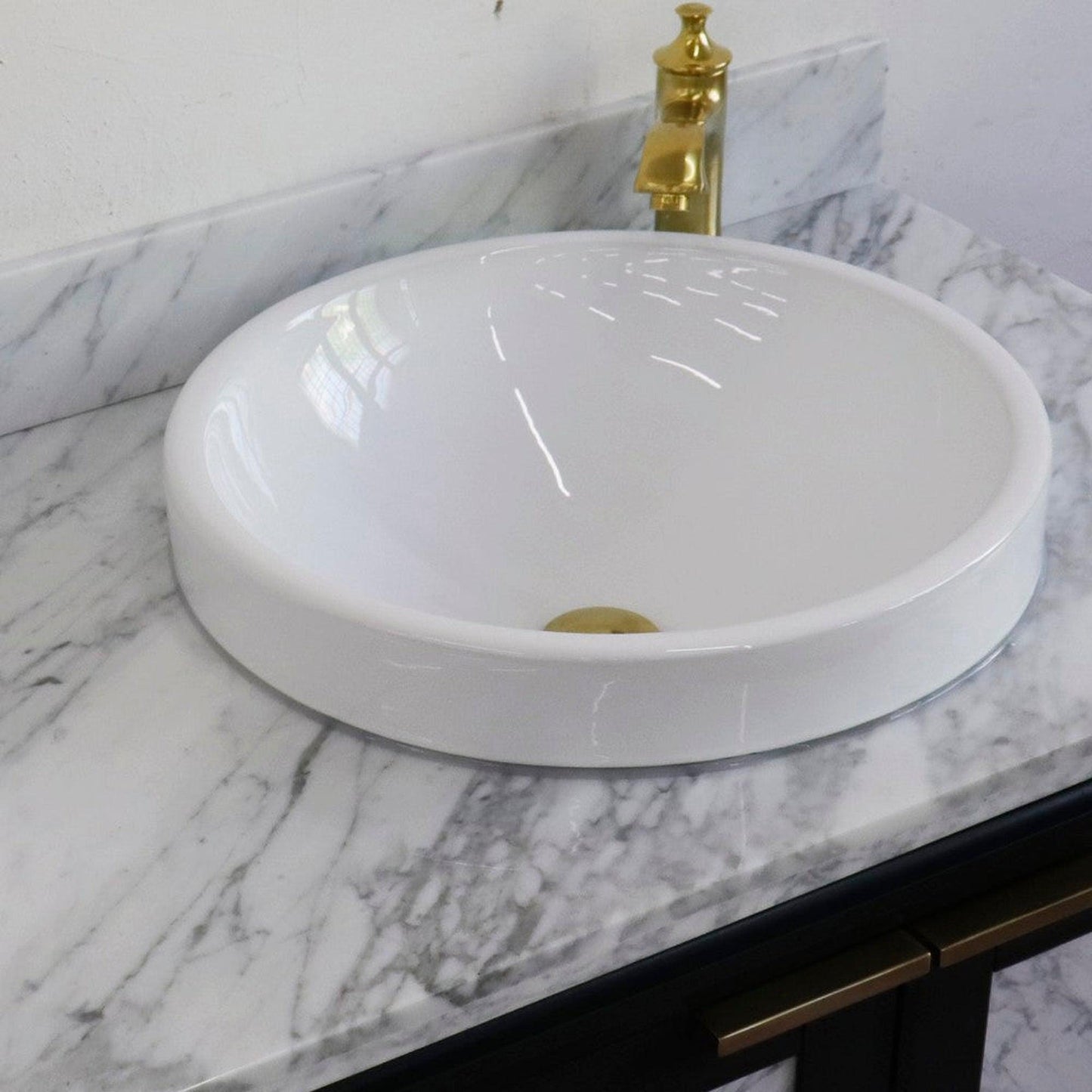 Bellaterra Home Trento 43" 2-Door 3-Drawer Dark Gray Freestanding Vanity Set With Ceramic Right Vessel Sink and White Carrara Marble Top, and Right Door Cabinet