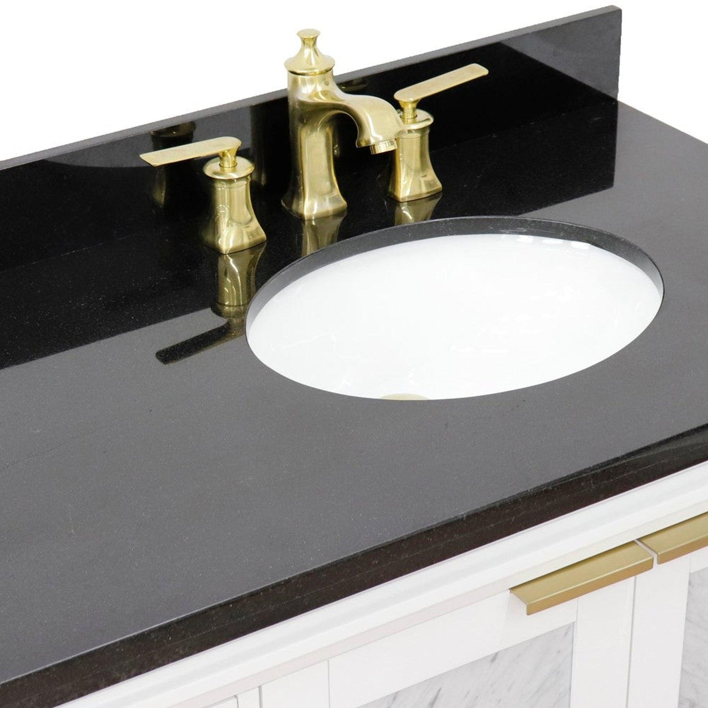 Bellaterra Home Trento 43" 2-Door 3-Drawer White Freestanding Vanity Set With Ceramic Right Undermount Oval Sink and Black Galaxy Granite Top, and Right Door Cabinet