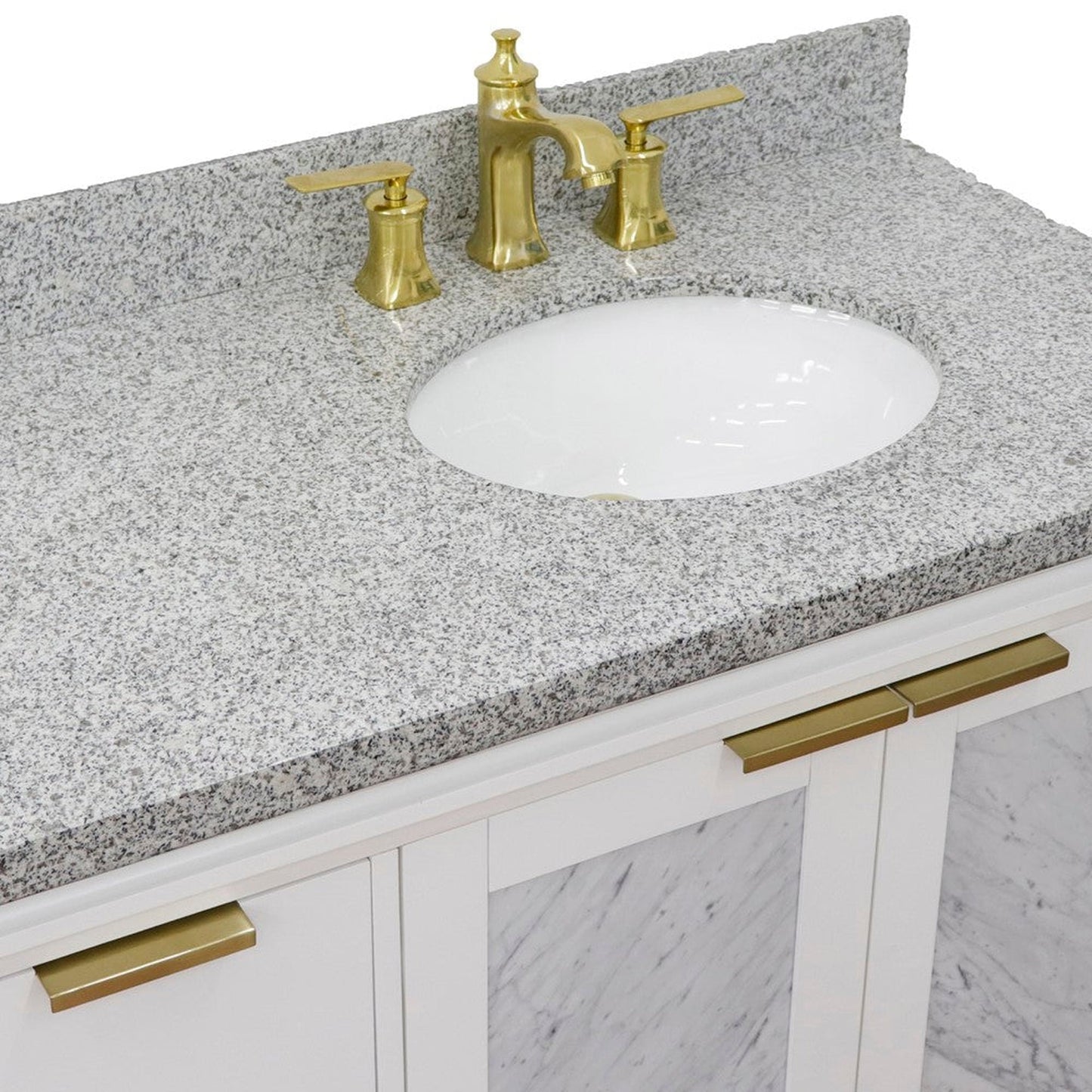 Bellaterra Home Trento 43" 2-Door 3-Drawer White Freestanding Vanity Set With Ceramic Right Undermount Oval Sink and Gray Granite Top, and Right Door Cabinet