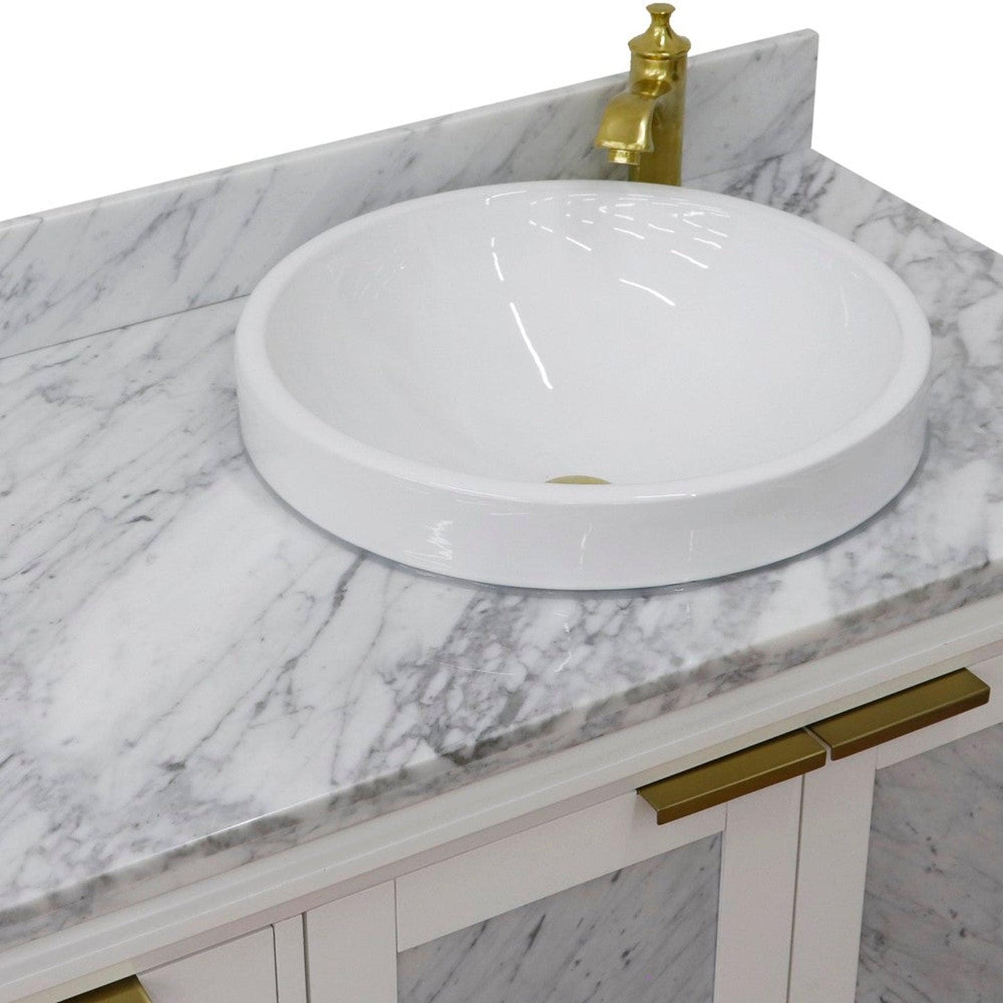 Bellaterra Home Trento 43" 2-Door 3-Drawer White Freestanding Vanity Set With Ceramic Right Vessel Sink and White Carrara Marble Top, and Right Door Cabinet
